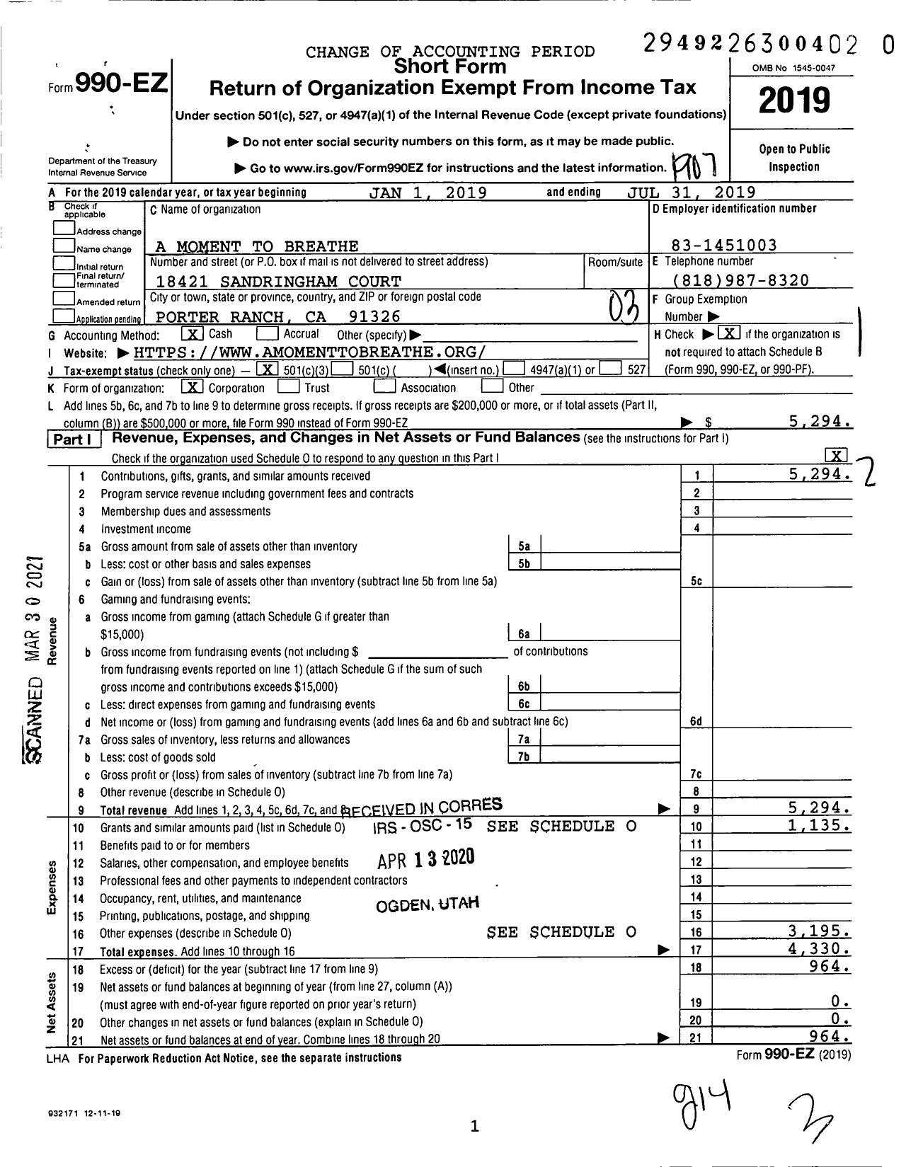 Image of first page of 2018 Form 990EZ for A Moment To Breathe