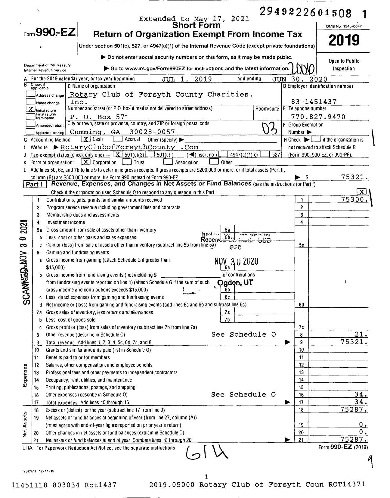 Image of first page of 2019 Form 990EZ for Rotary Club of Forsyth County Charities