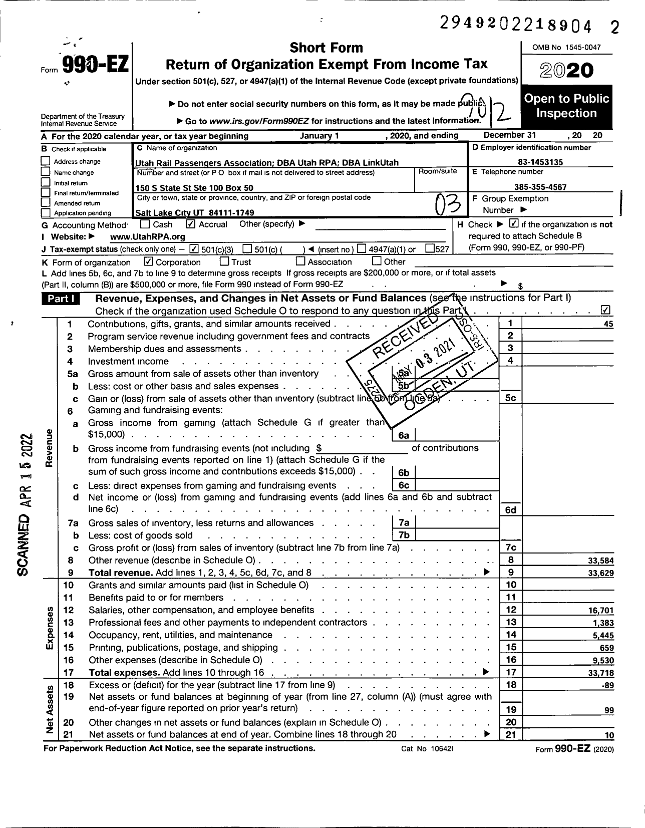 Image of first page of 2020 Form 990EZ for Utah Rail Passengers Association Dba Utah Rpa Dba Linkutah