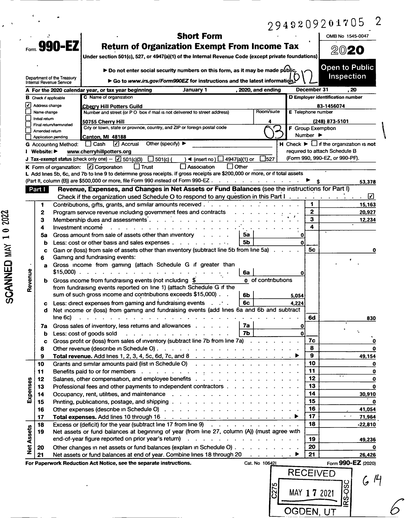 Image of first page of 2020 Form 990EZ for Cherry Hill Potters Guild