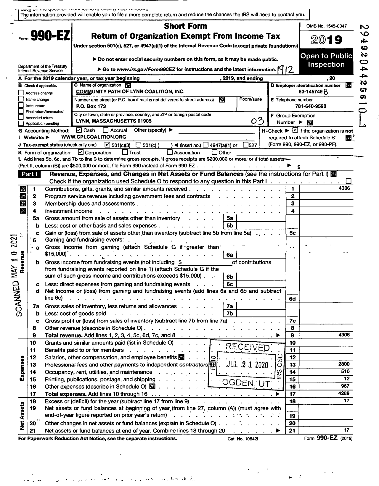 Image of first page of 2019 Form 990EZ for Community Path of Lynn Coalition