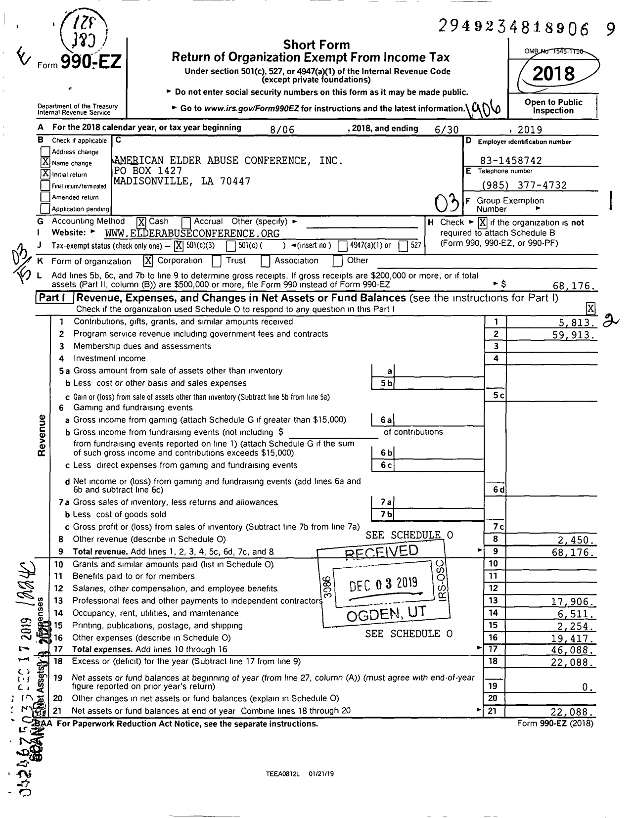 Image of first page of 2018 Form 990EZ for Gulf Coast Elder Abuse Conference