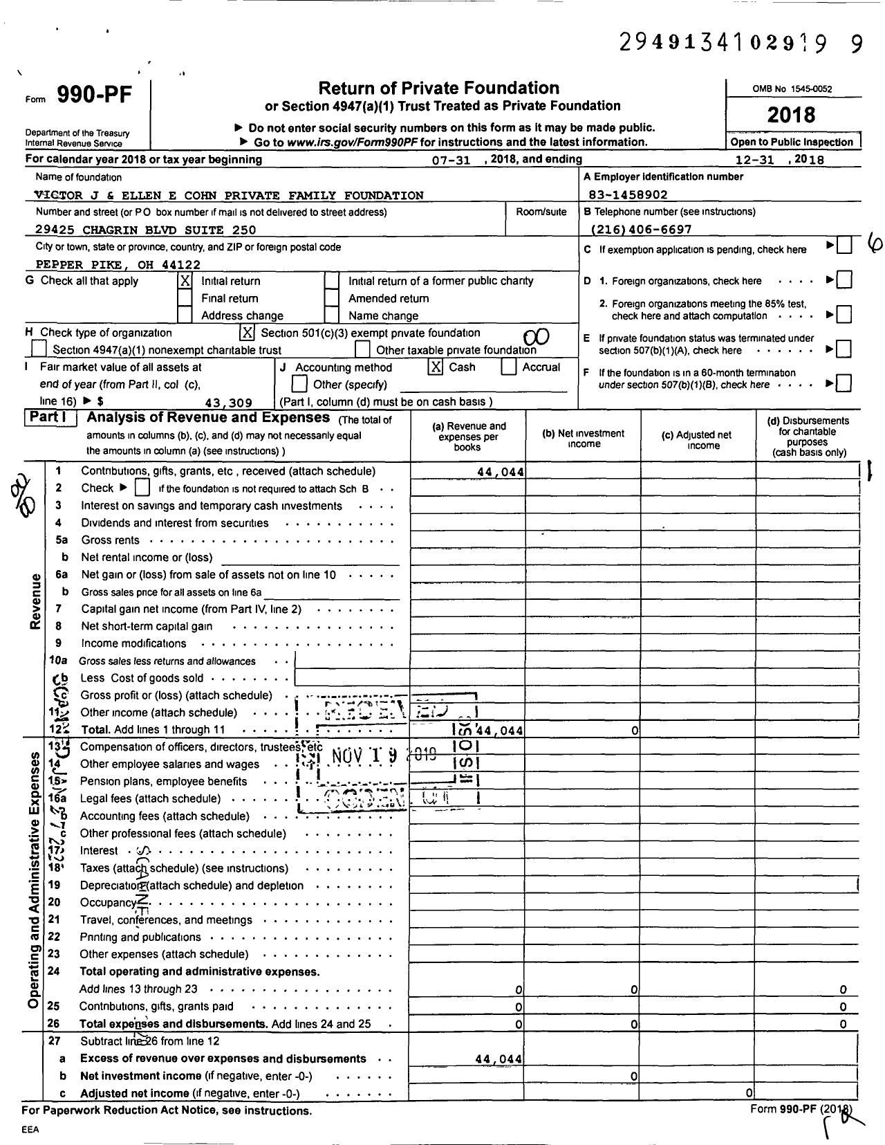 Image of first page of 2018 Form 990PF for Victor J and Ellen E Cohn Private Family Foundation