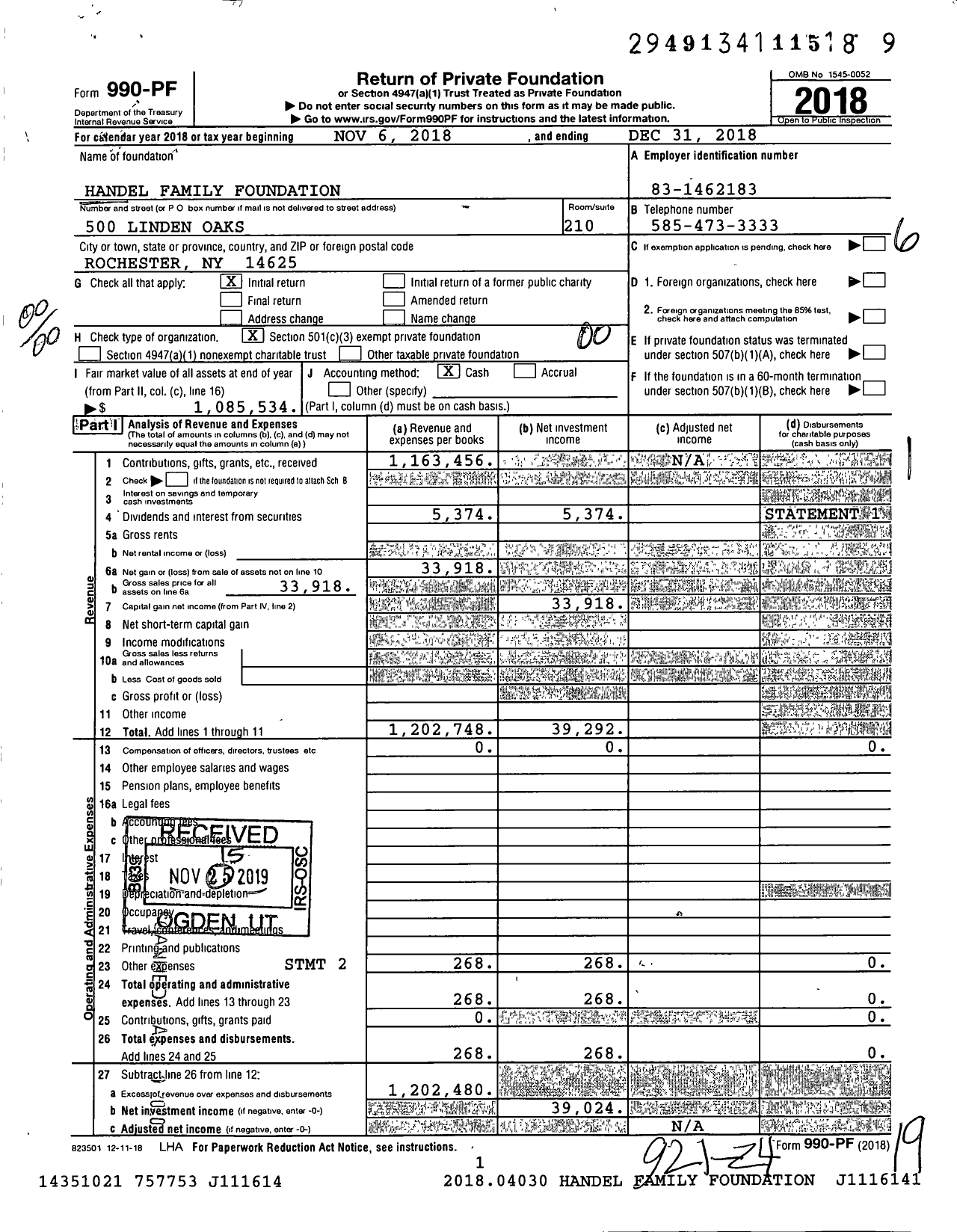 Image of first page of 2018 Form 990PF for The Handel Family Foundation