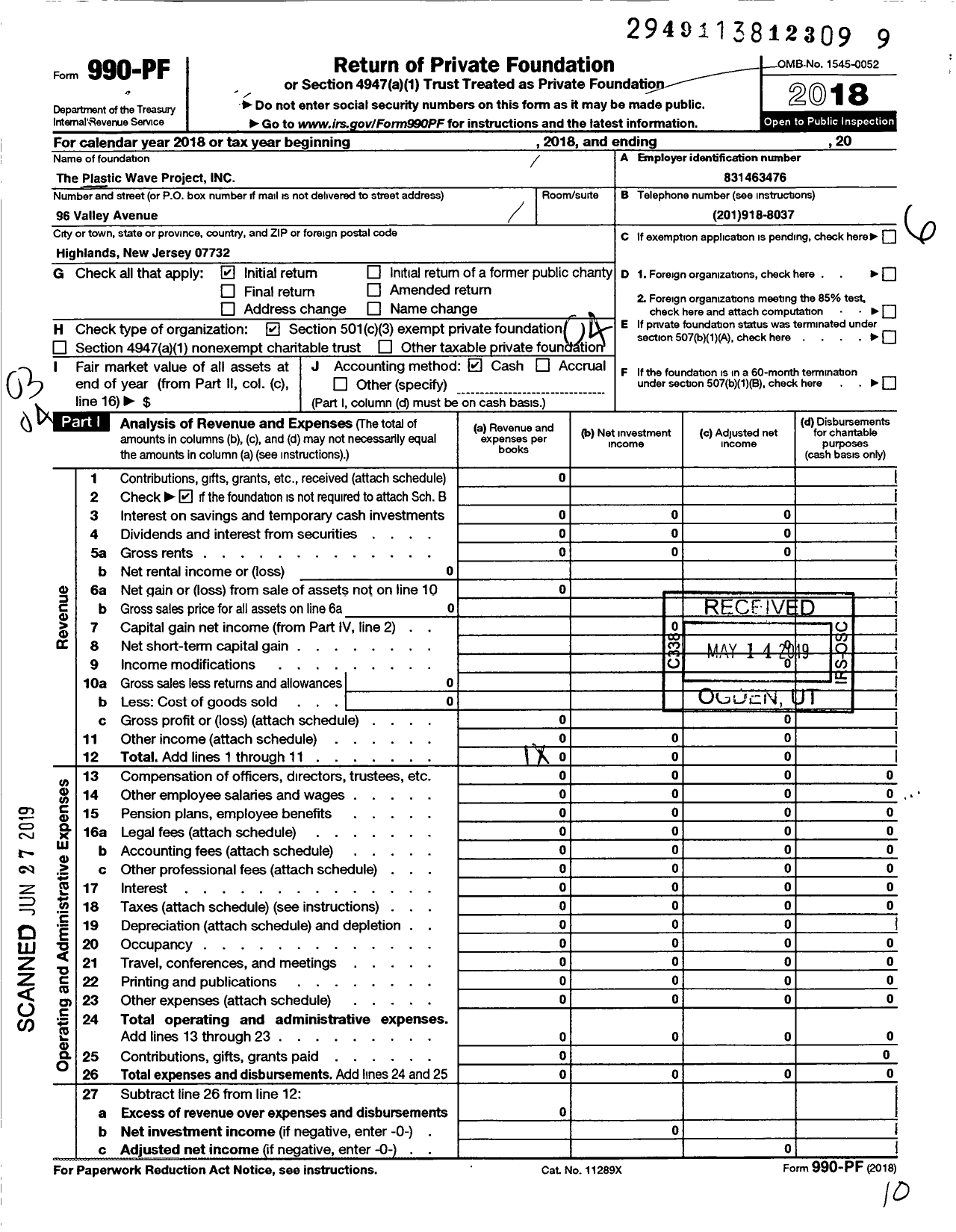 Image of first page of 2018 Form 990PF for Plastic Wave Project