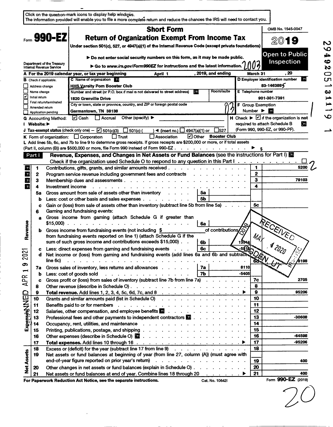 Image of first page of 2019 Form 990EZ for HHS Varsity Pom Booster Club