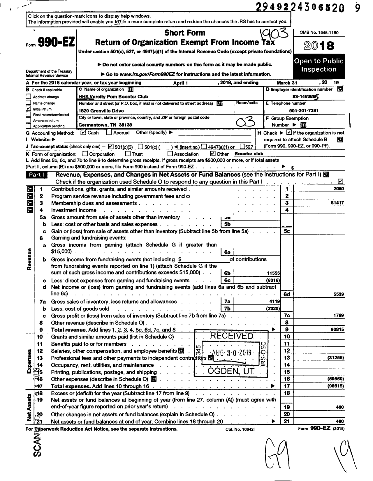 Image of first page of 2018 Form 990EZ for HHS Varsity Pom Booster Club