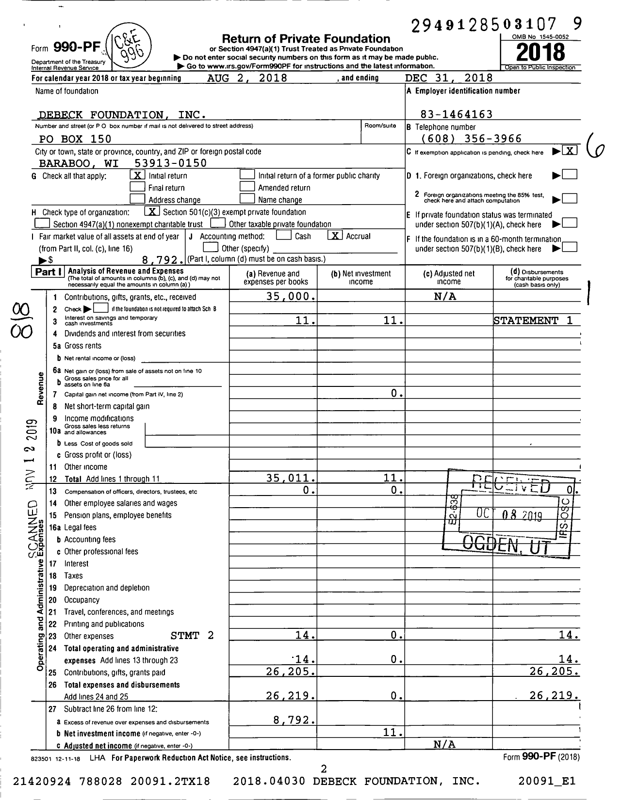 Image of first page of 2018 Form 990PF for Debeck Foundation