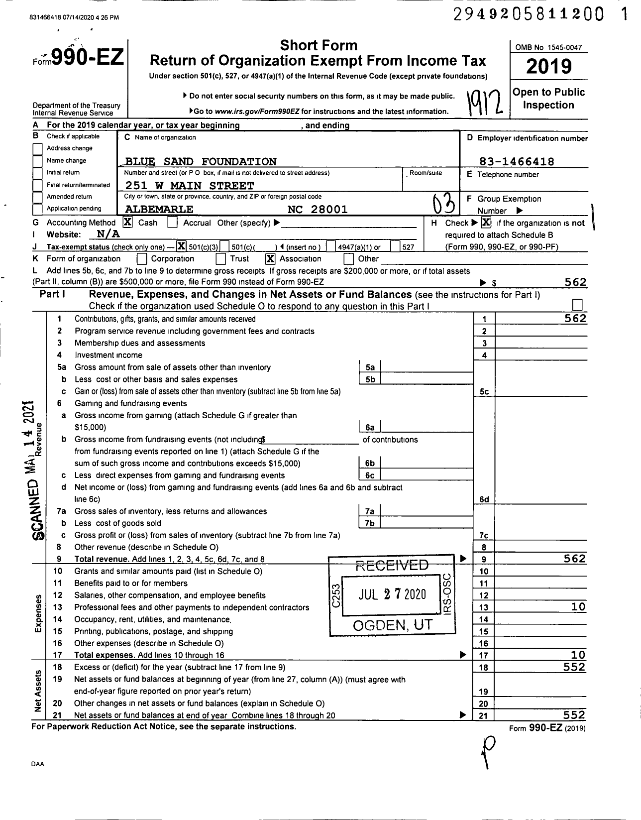 Image of first page of 2019 Form 990EZ for Blue Sand Foundation