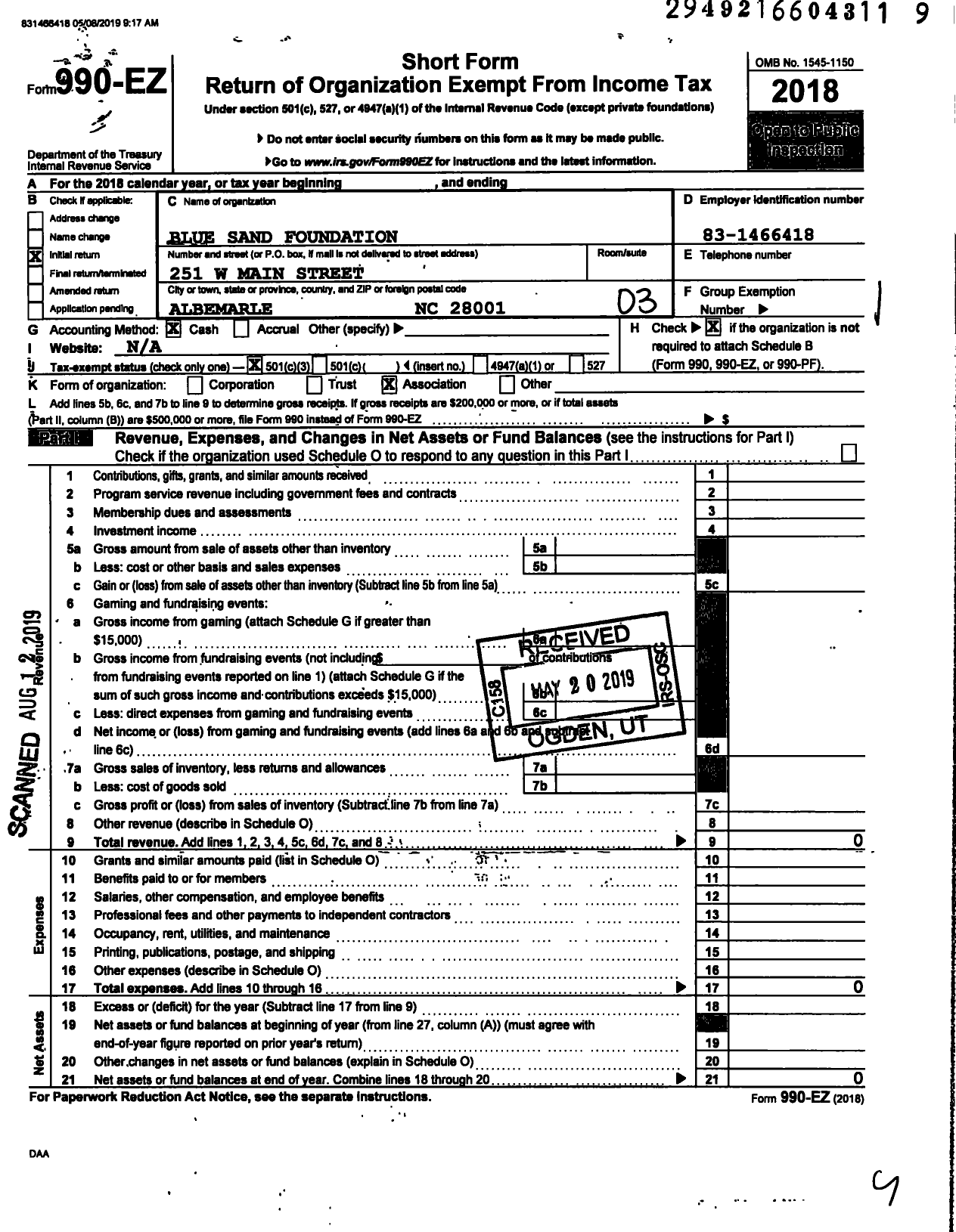 Image of first page of 2018 Form 990EZ for Blue Sand Foundation