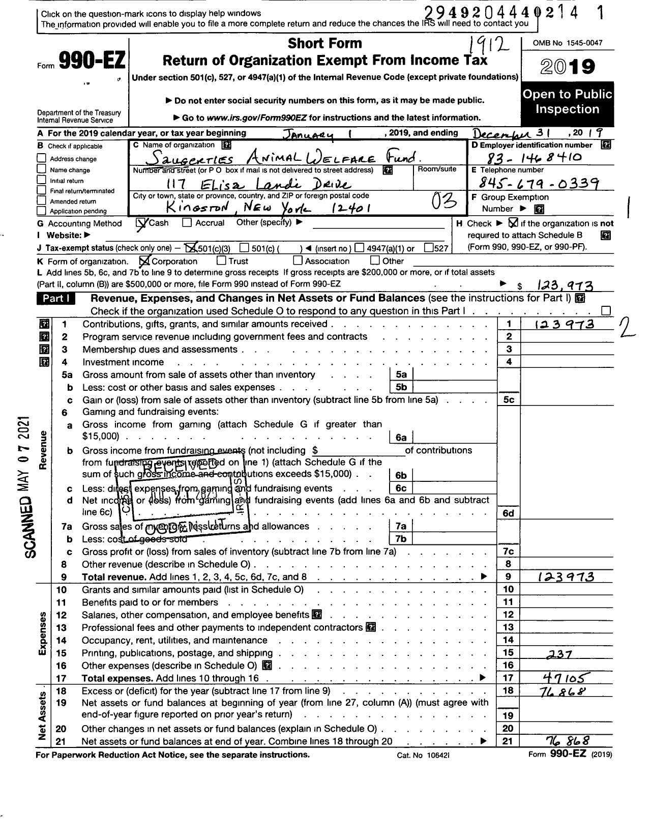 Image of first page of 2019 Form 990EZ for Saugerties Animal Welfare Fund