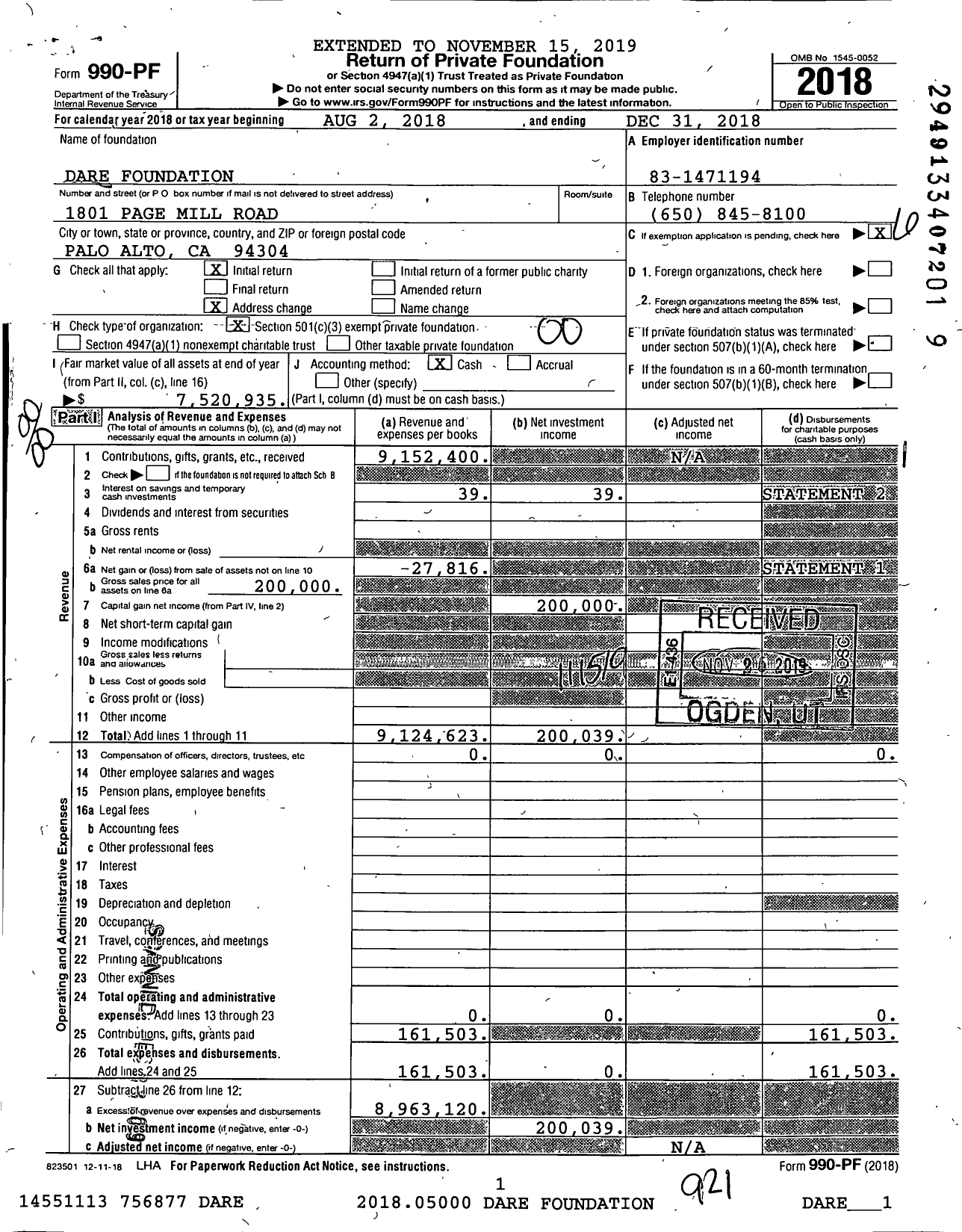 Image of first page of 2018 Form 990PF for Dare Foundation