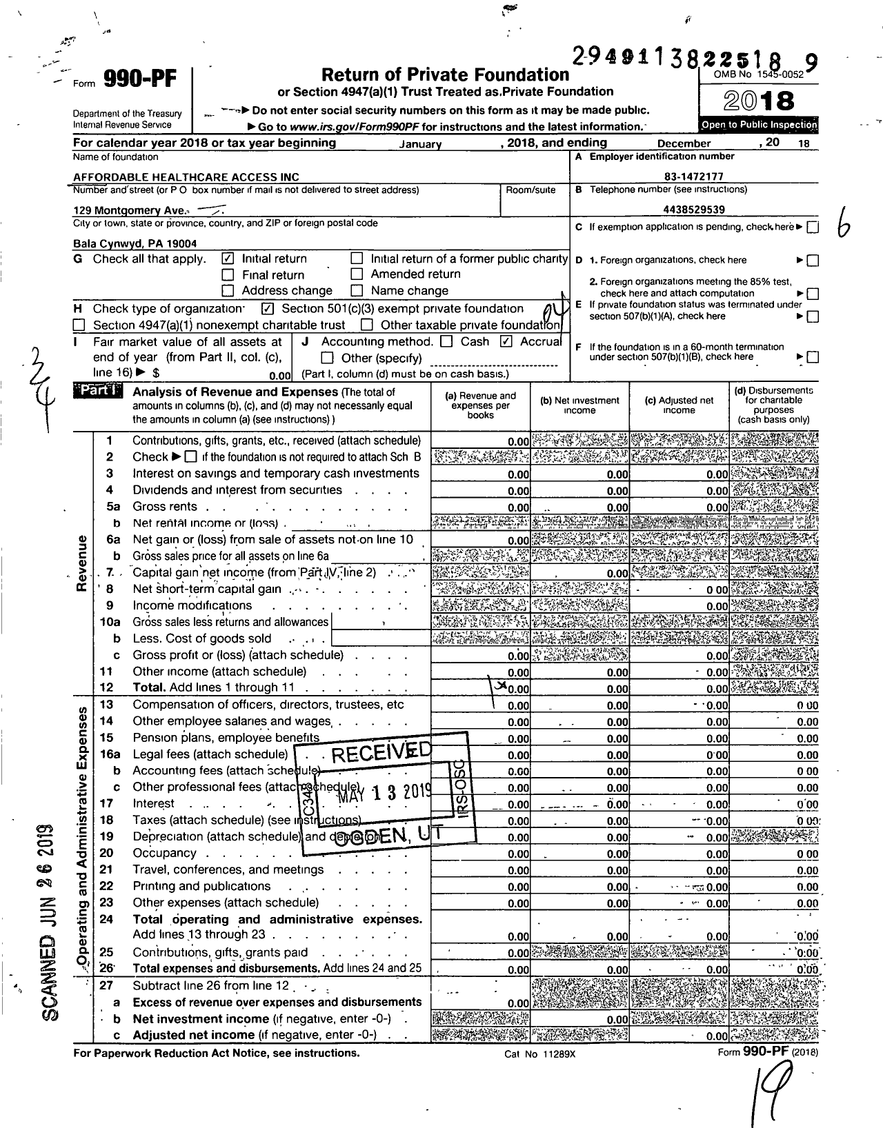 Image of first page of 2018 Form 990PF for Affordable Healthcare Access