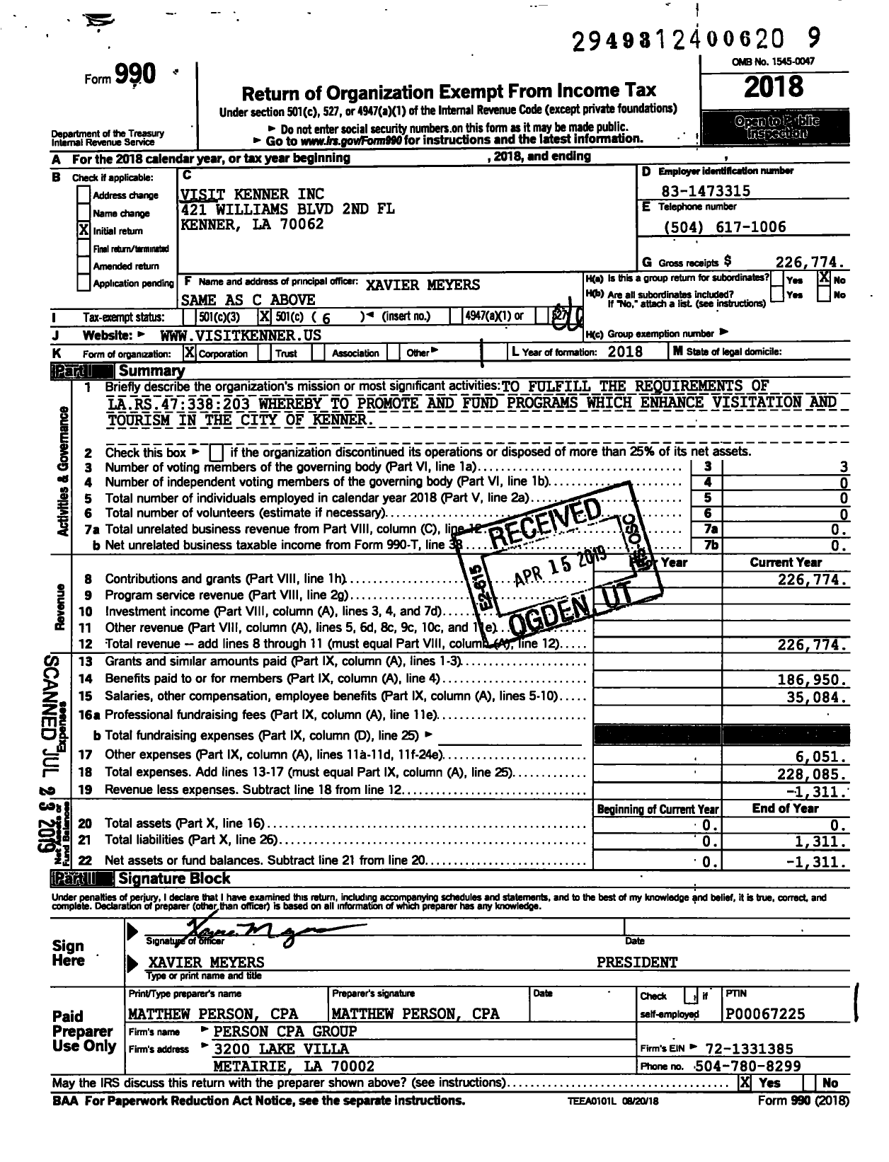 Image of first page of 2018 Form 990O for Visit Kenner