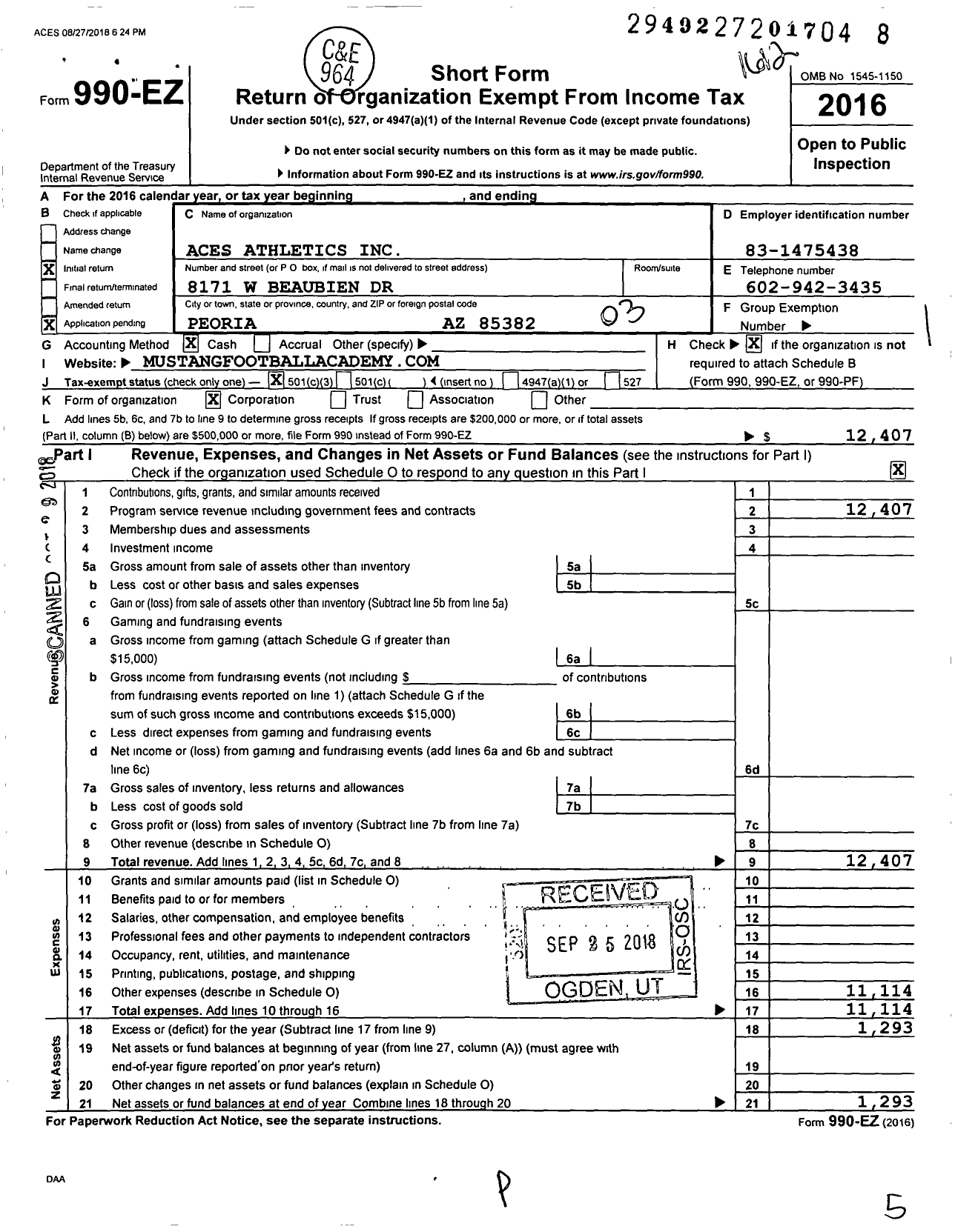 Image of first page of 2016 Form 990EZ for Aces Athletics