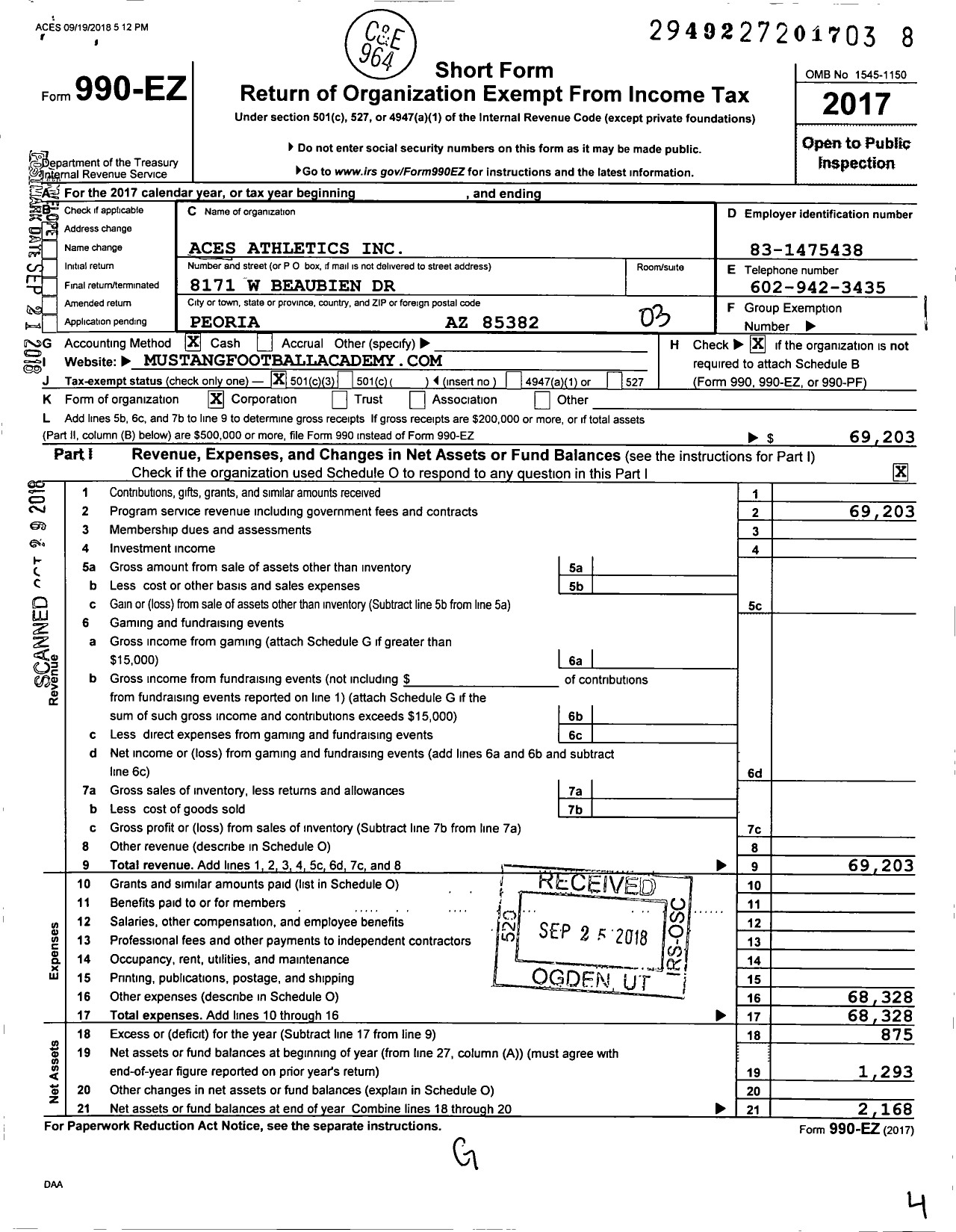 Image of first page of 2017 Form 990EZ for Aces Athletics