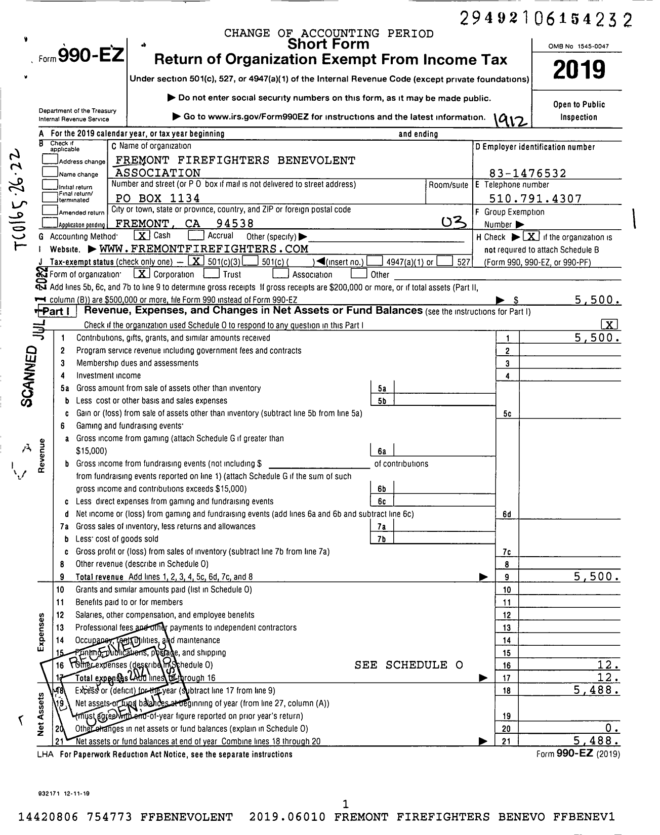 Image of first page of 2019 Form 990EZ for Fremont Firefighters Benevolent Association