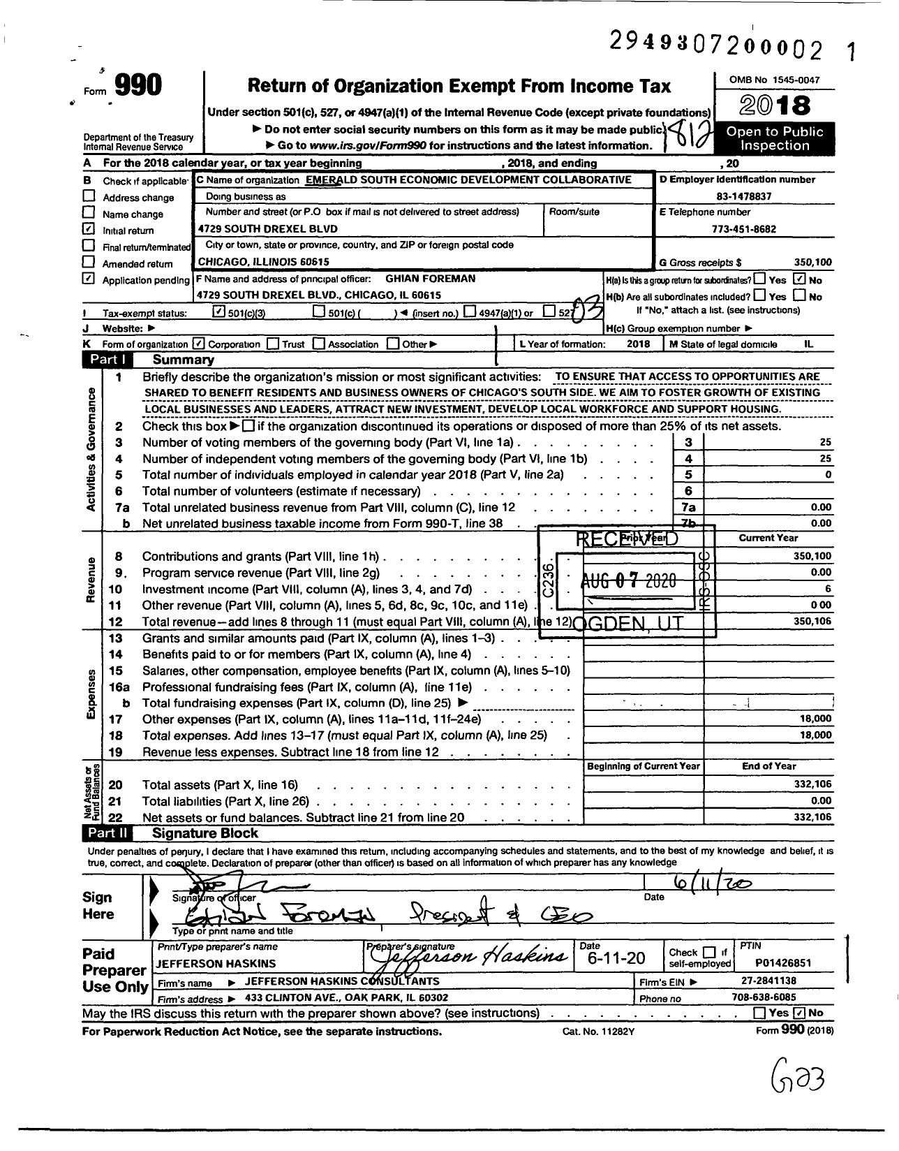 Image of first page of 2018 Form 990 for Emerald South Economic Development Colloborative