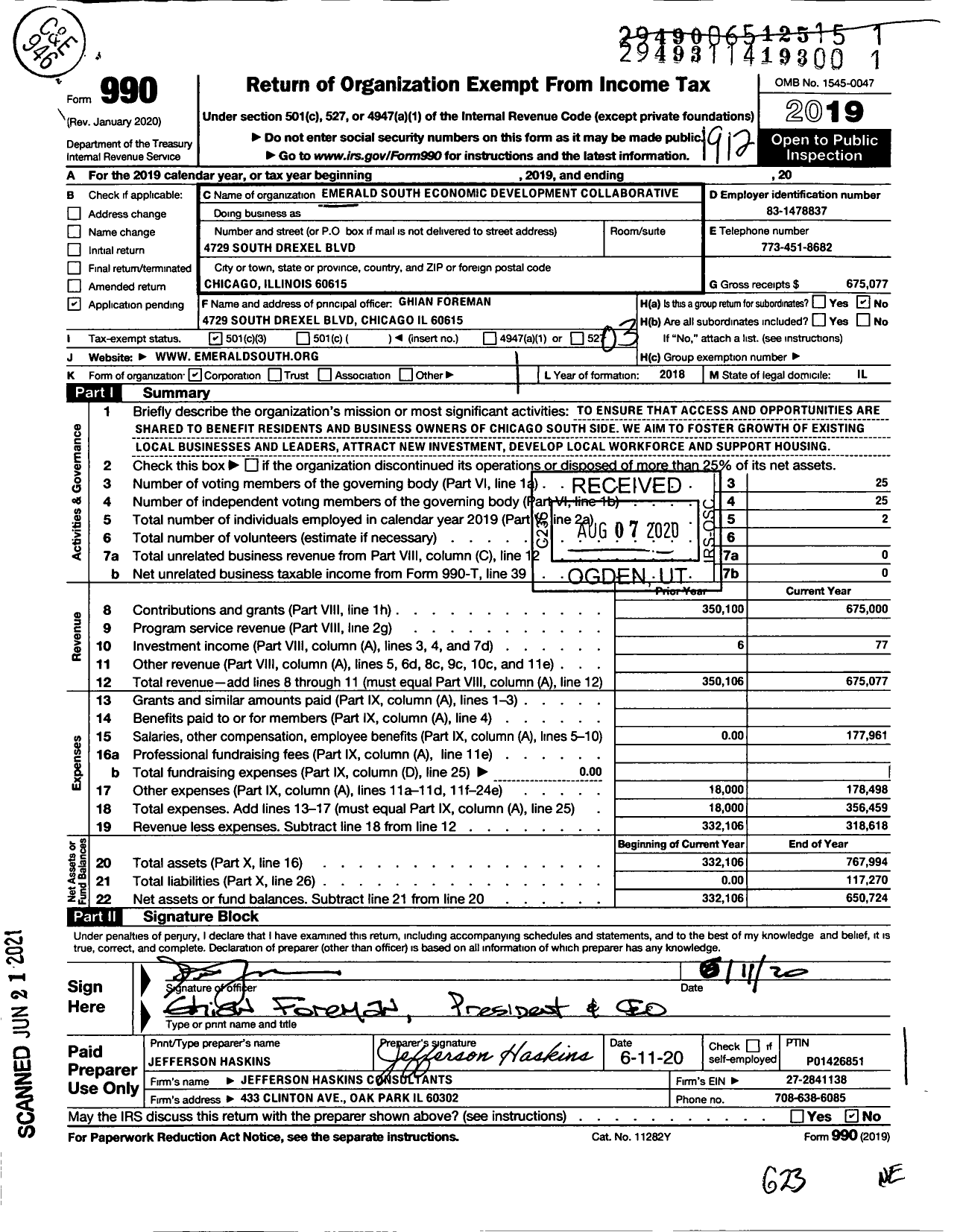 Image of first page of 2019 Form 990 for Emerald South Economic Development Colloborative
