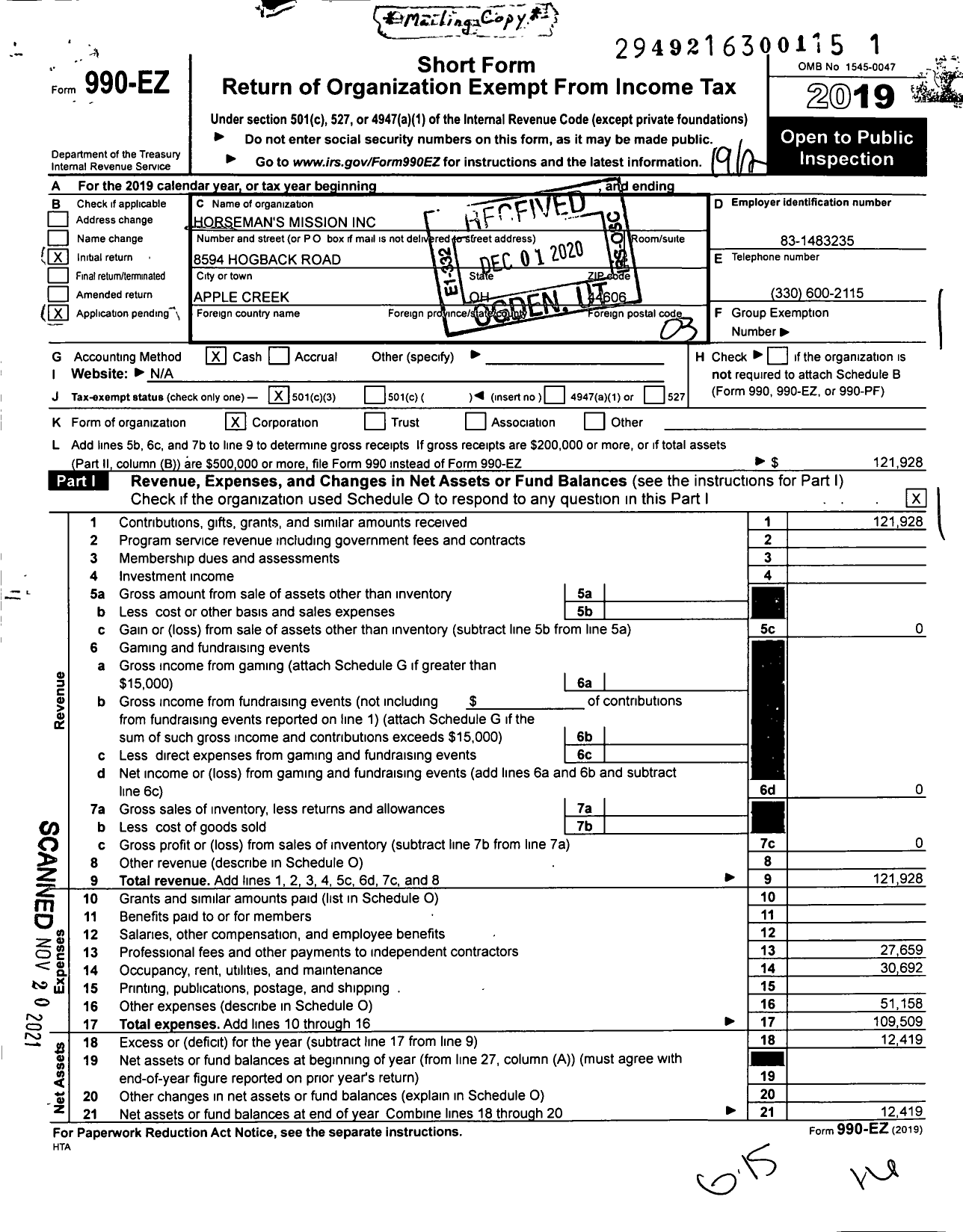 Image of first page of 2019 Form 990EZ for Horseman's Mission