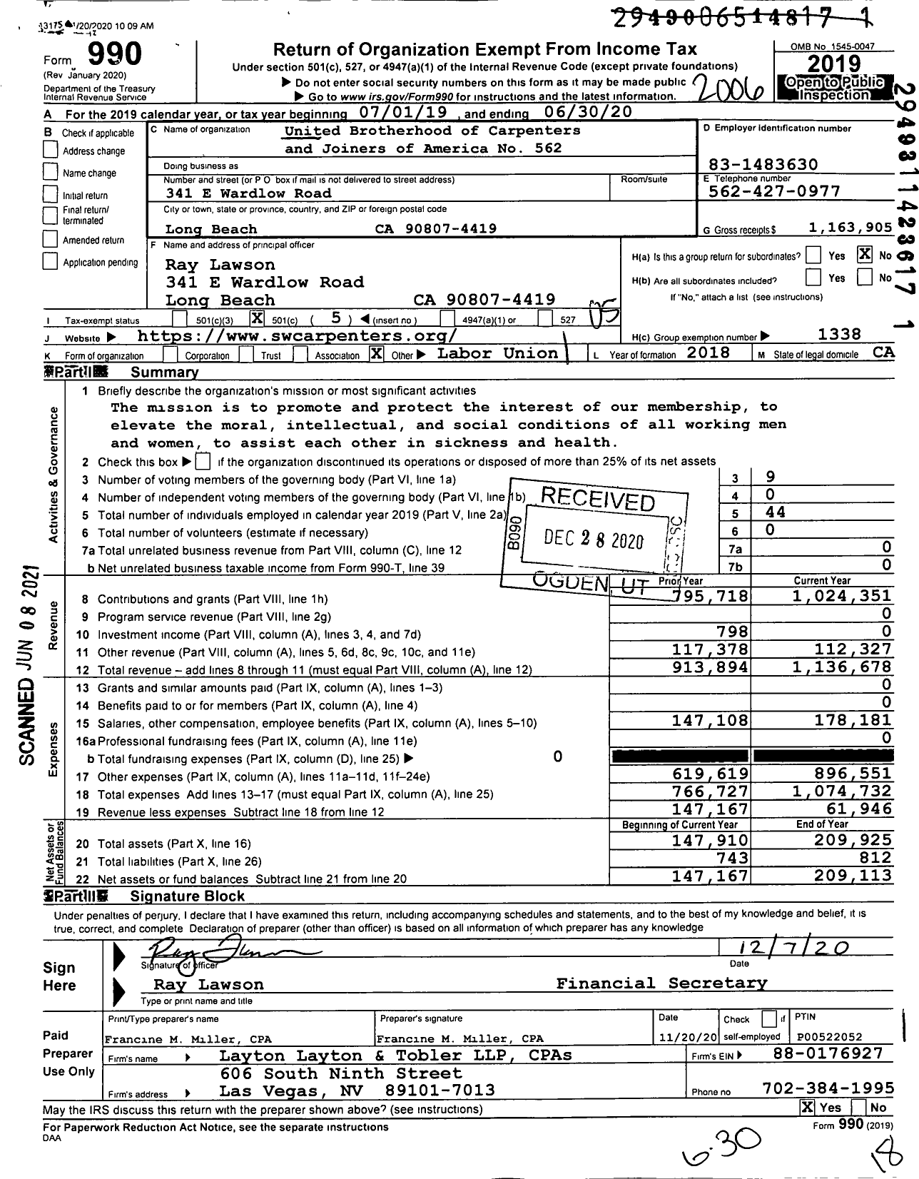 Image of first page of 2019 Form 990O for United Brotherhood of Carpenters & Joiners - 562 Local