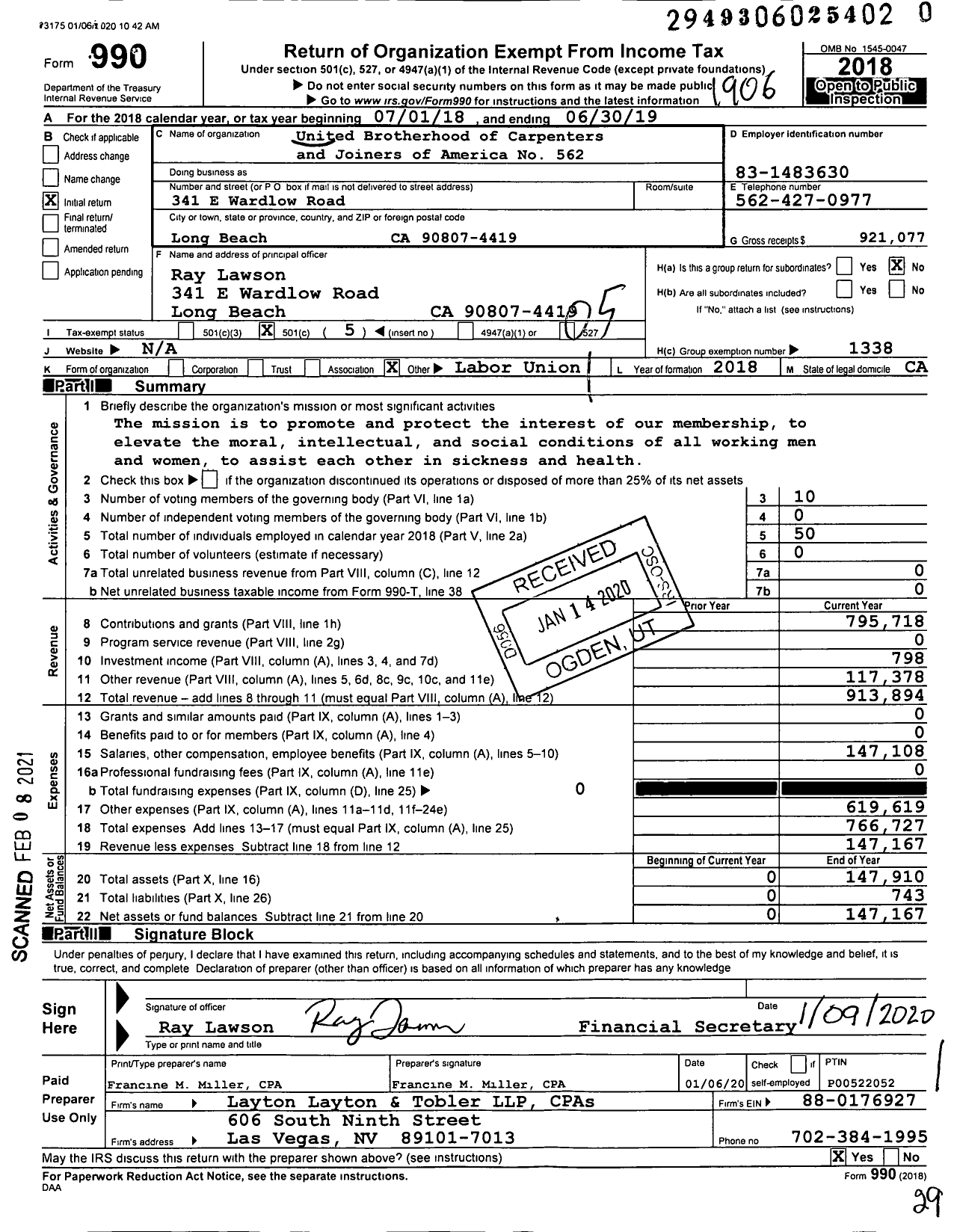 Image of first page of 2018 Form 990O for United Brotherhood of Carpenters & Joiners - 562 Local