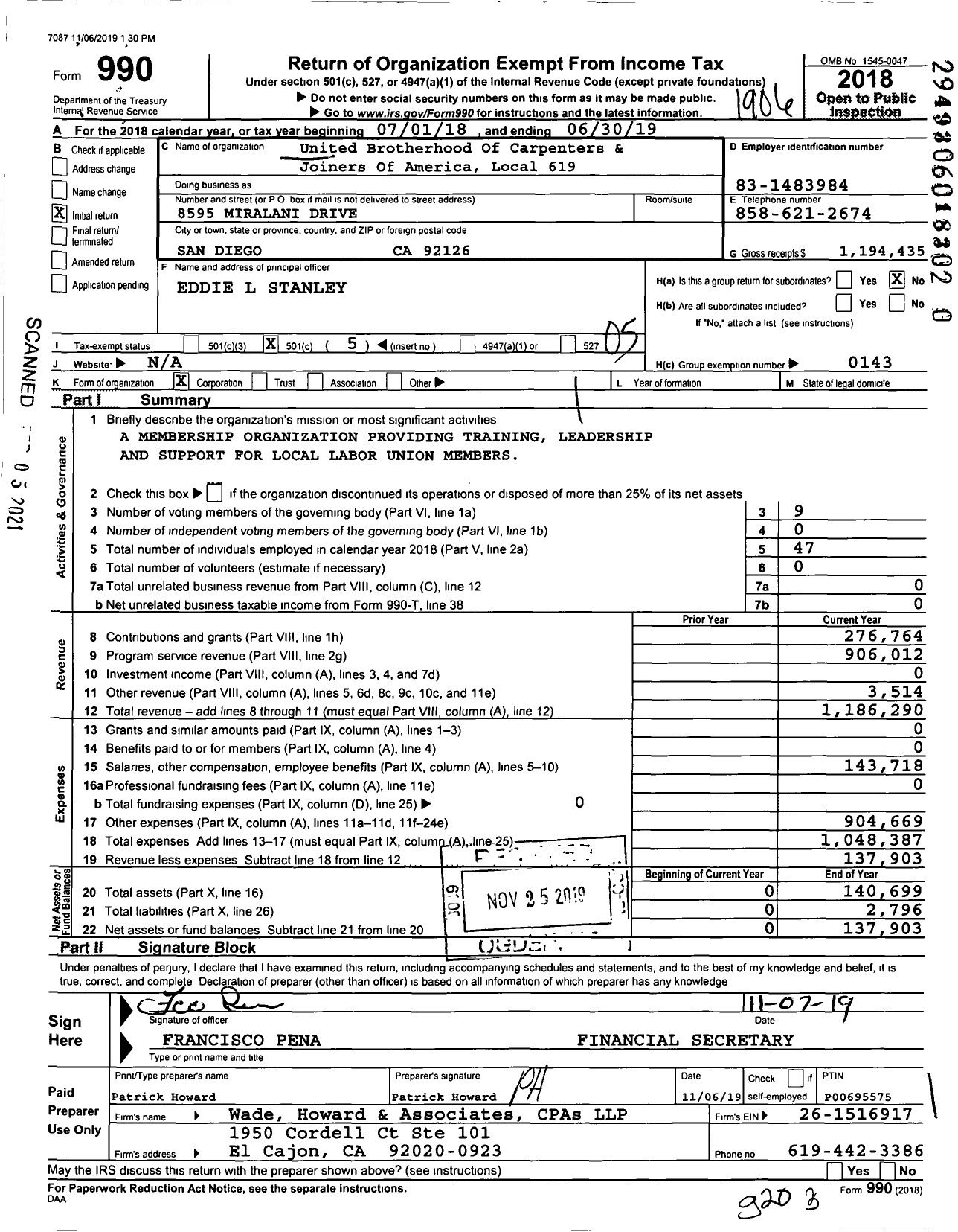 Image of first page of 2018 Form 990O for United Brotherhood of Carpenters & Joiners - 619 Local