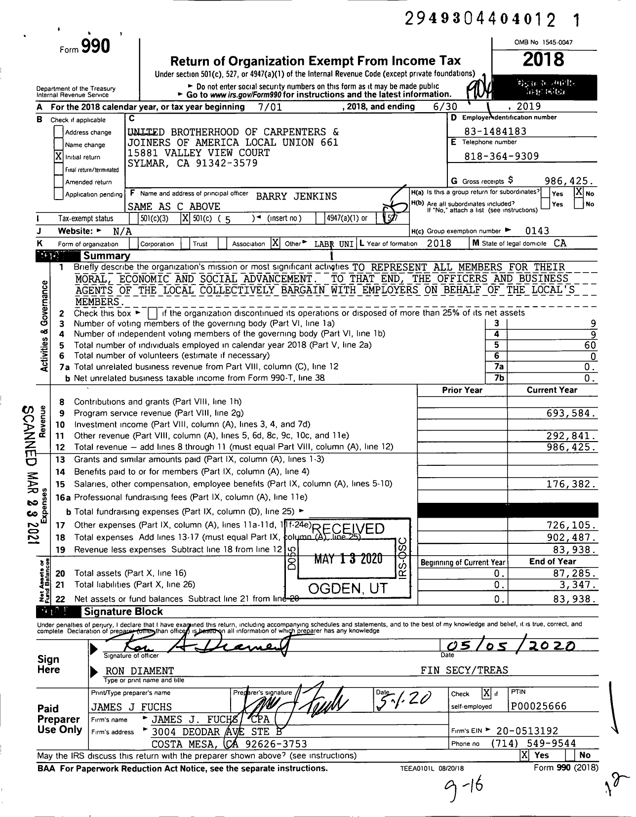 Image of first page of 2018 Form 990O for United Brotherhood of Carpenters & Joiners - 661 Local