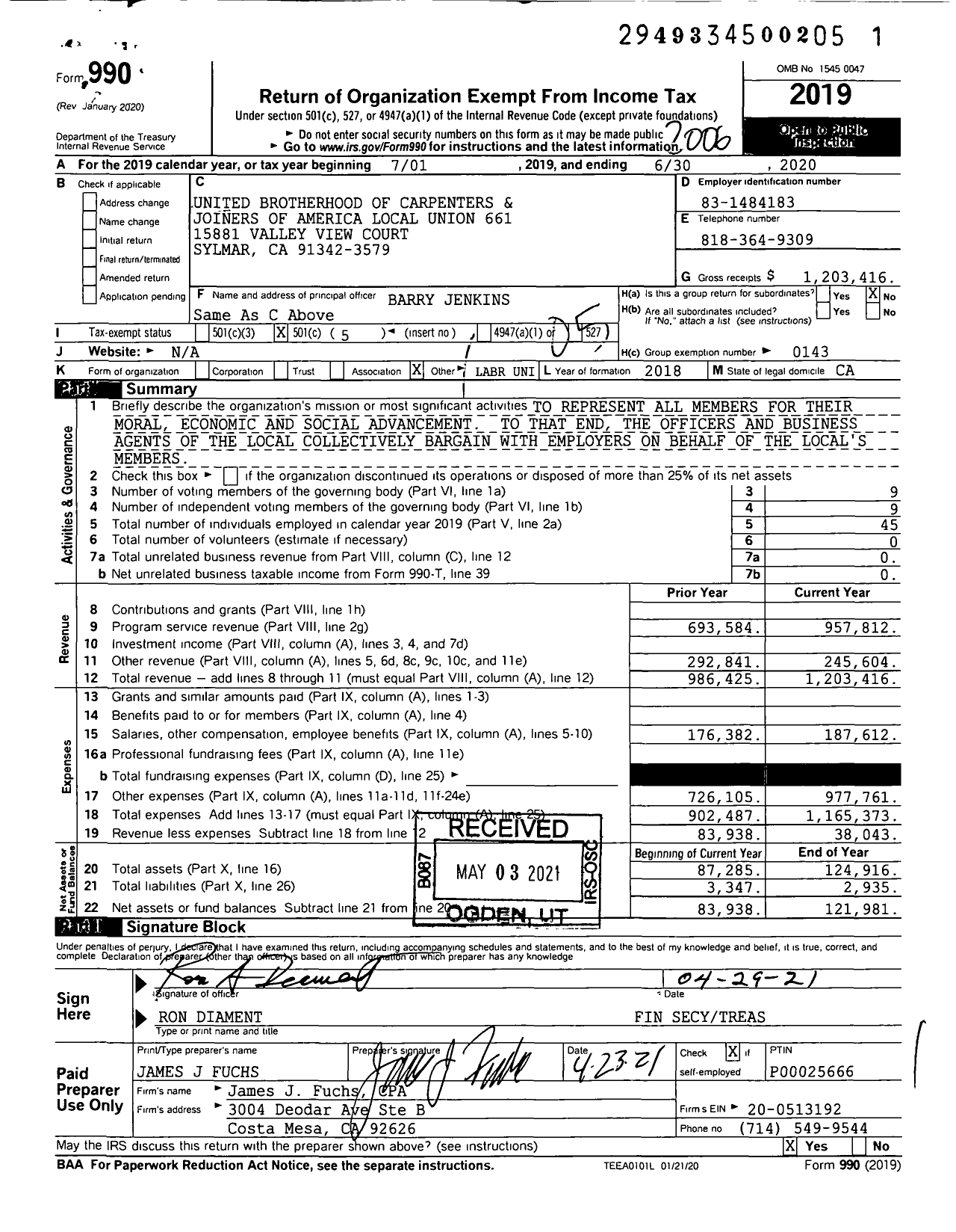 Image of first page of 2019 Form 990O for United Brotherhood of Carpenters & Joiners - 661 Local