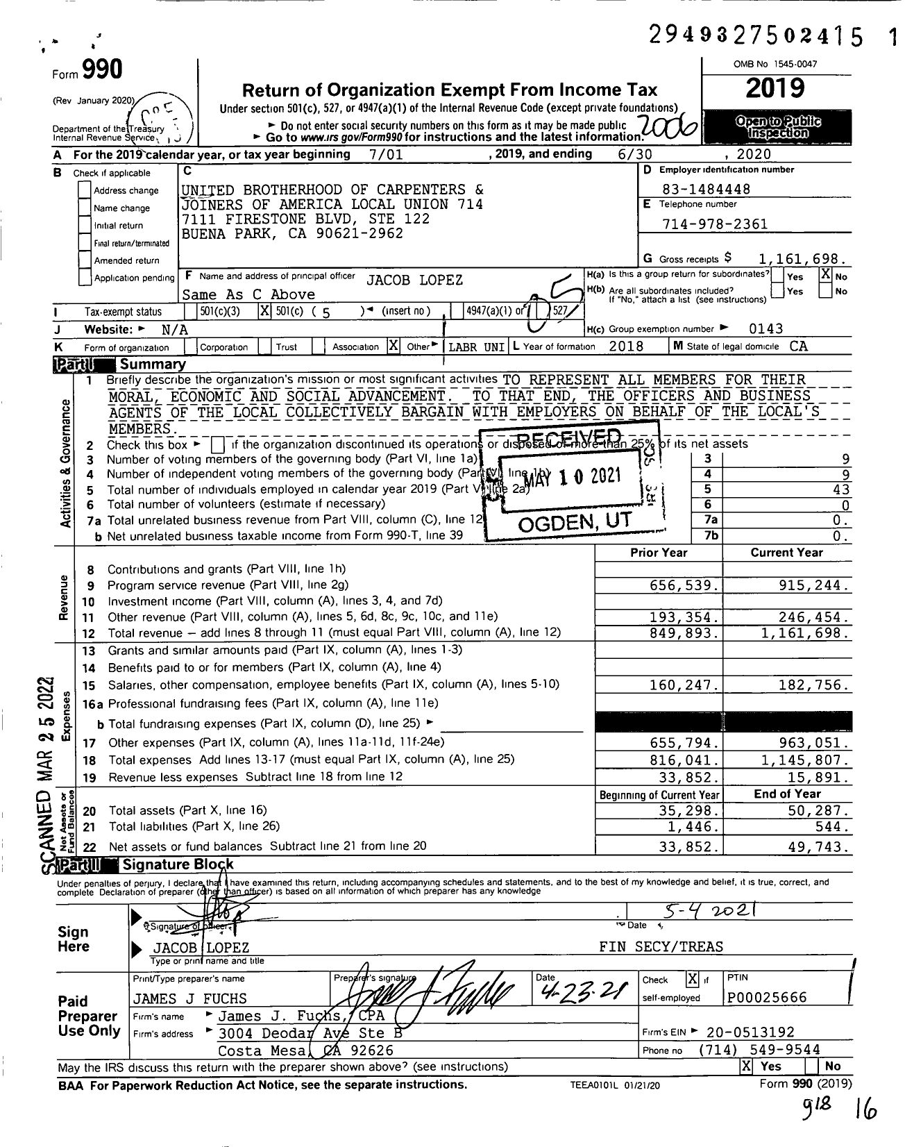 Image of first page of 2019 Form 990O for United Brotherhood of Carpenters & Joiners - 714 Local