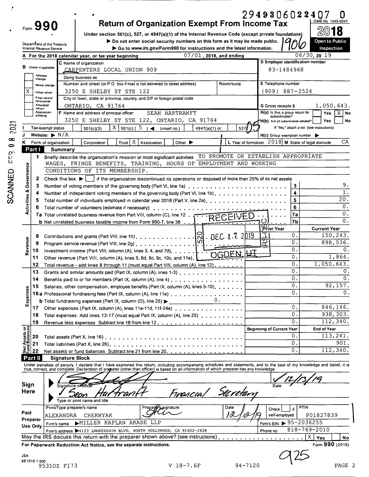 Image of first page of 2018 Form 990O for United Brotherhood of Carpenters & Joiners - 909 Local