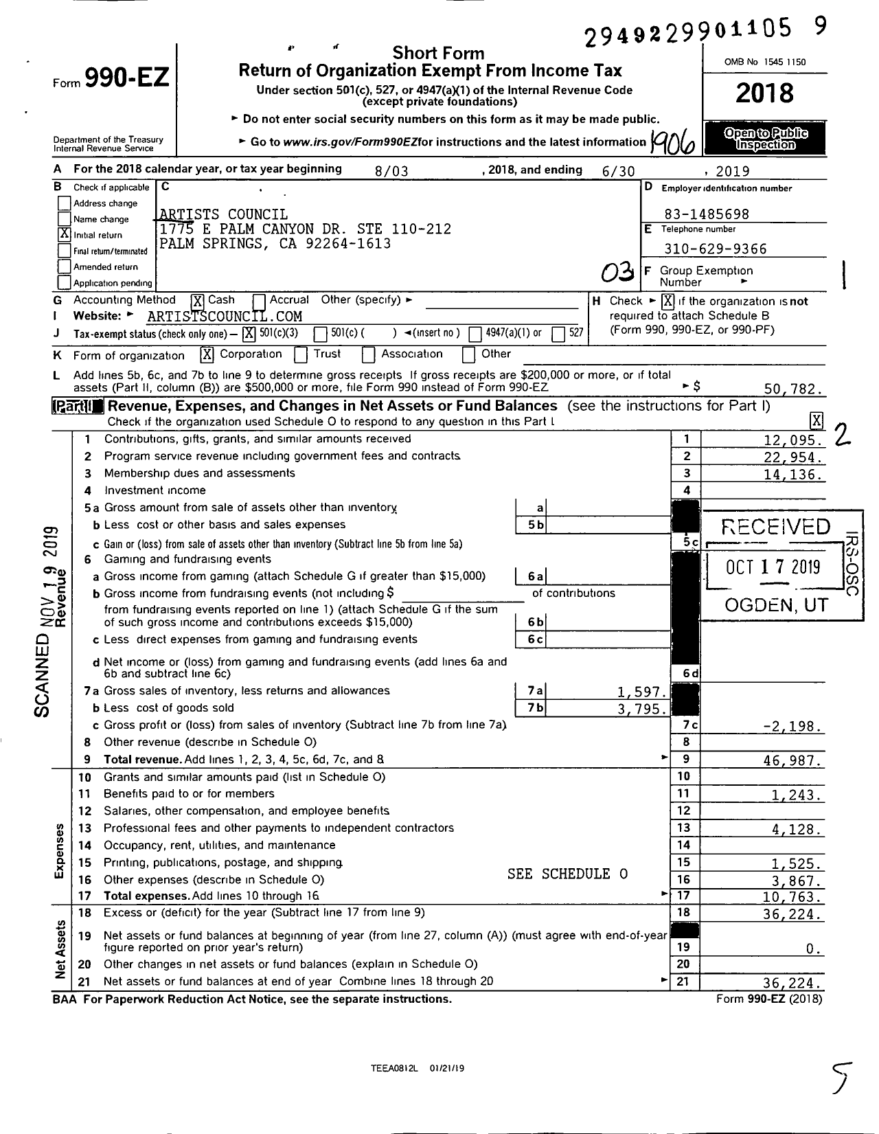 Image of first page of 2018 Form 990EZ for Artists Council