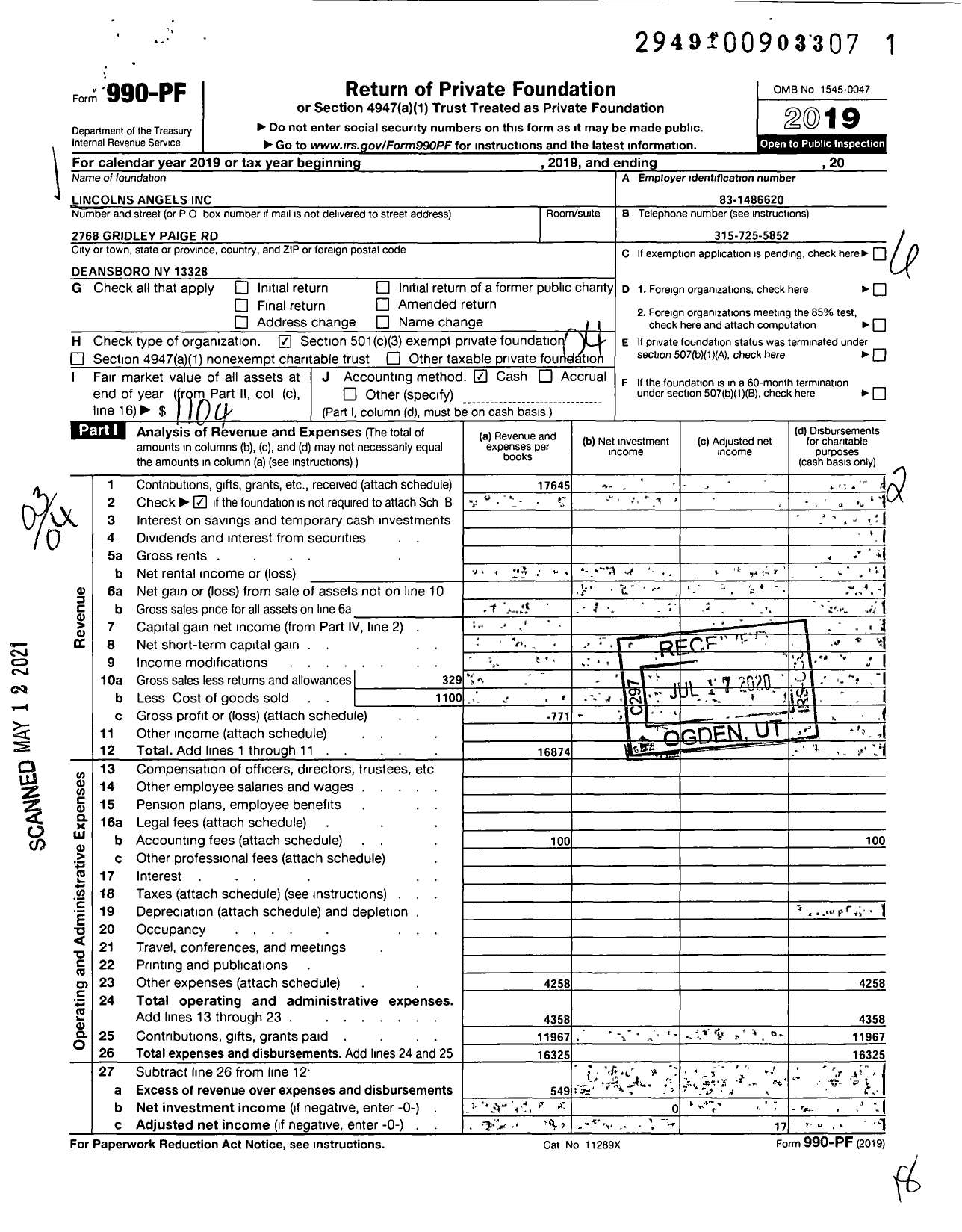 Image of first page of 2019 Form 990PF for Lincoln's Angels