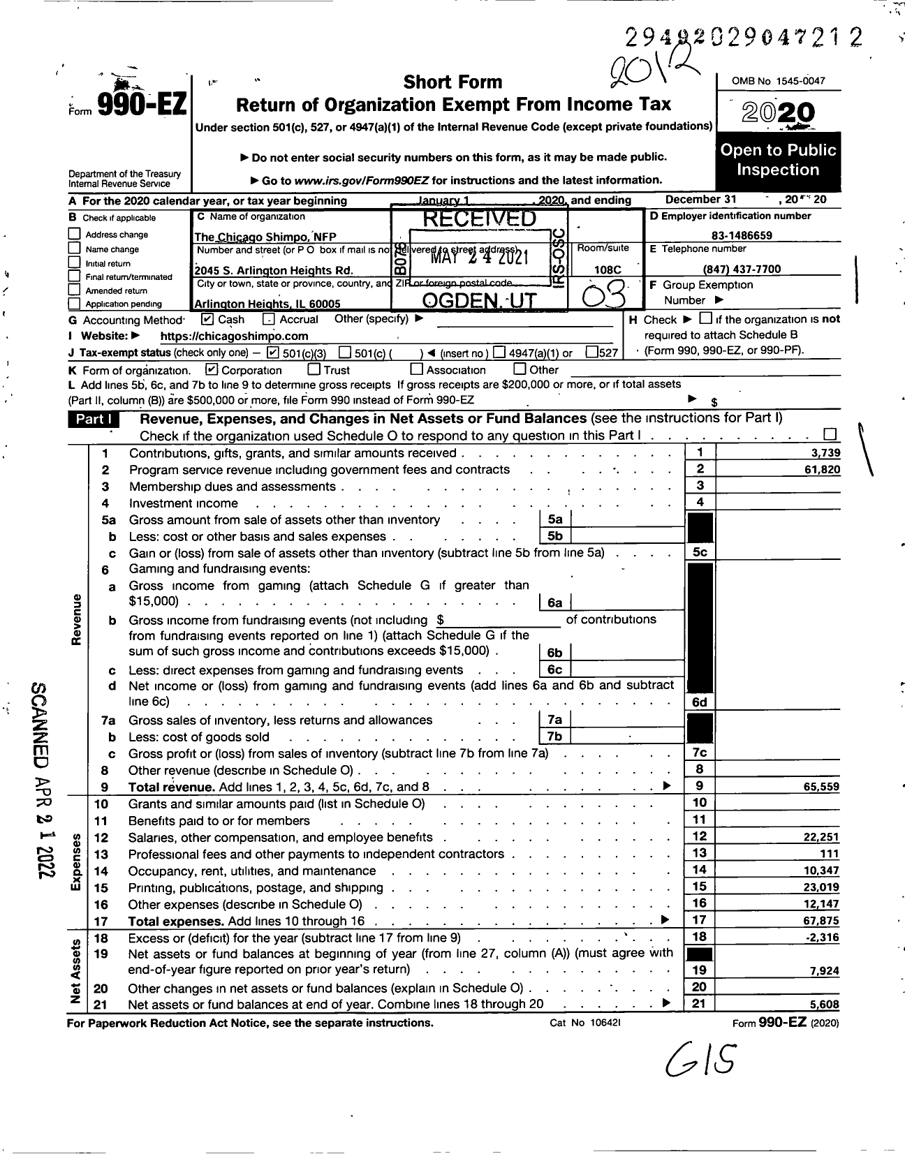 Image of first page of 2020 Form 990EZ for Chicago Shimpo NFP