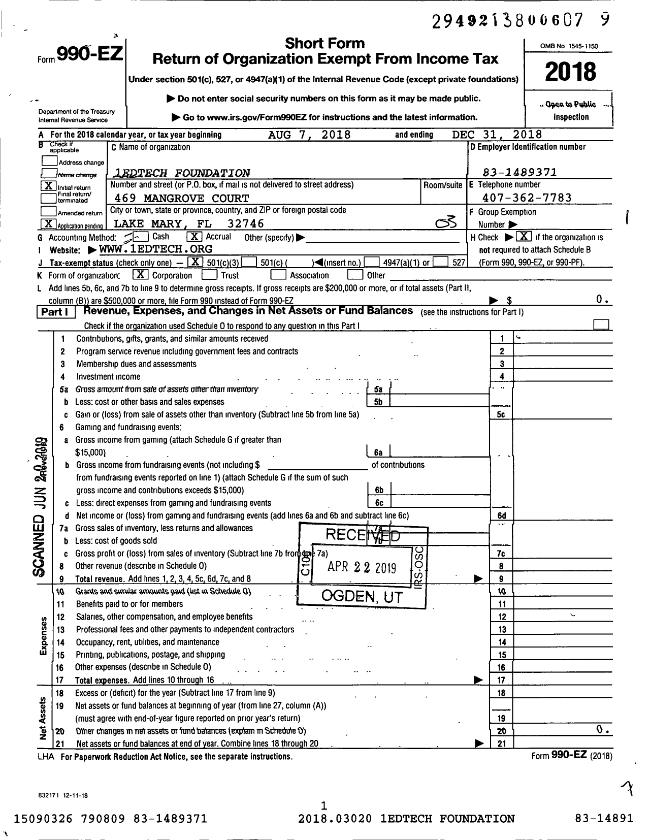 Image of first page of 2018 Form 990EZ for 1edtech Foundation