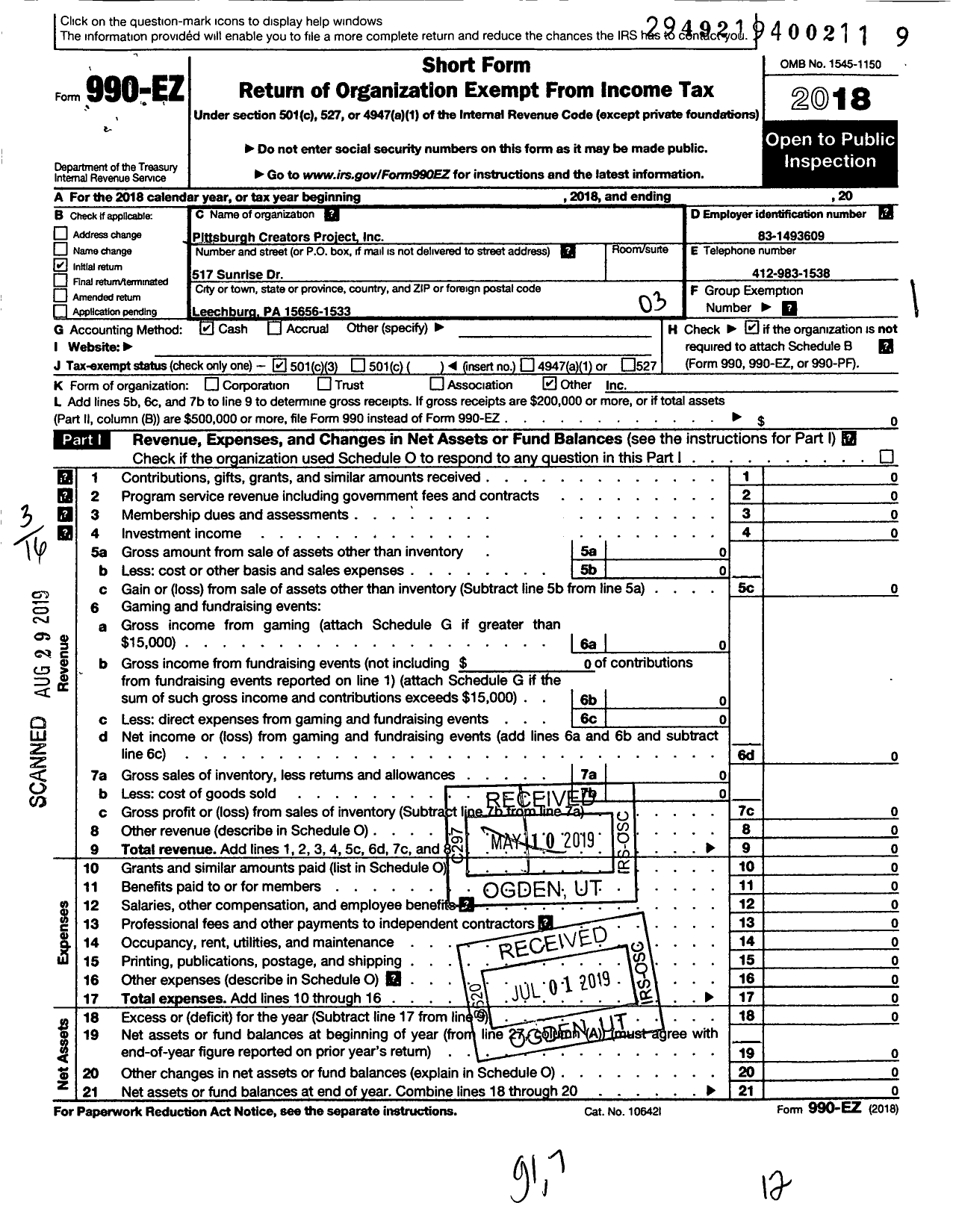 Image of first page of 2018 Form 990EZ for Pittsburgh Creators Project