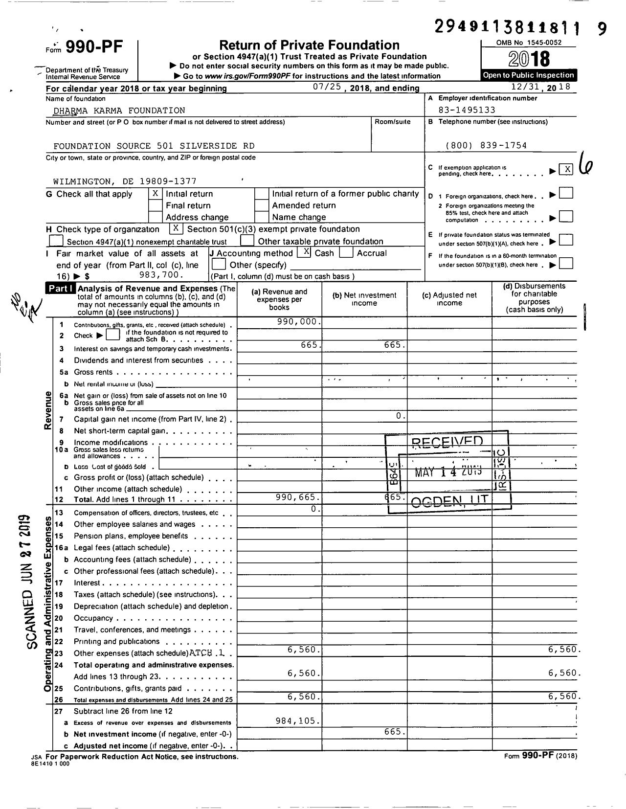 Image of first page of 2018 Form 990PF for Dharma Karma Foundation