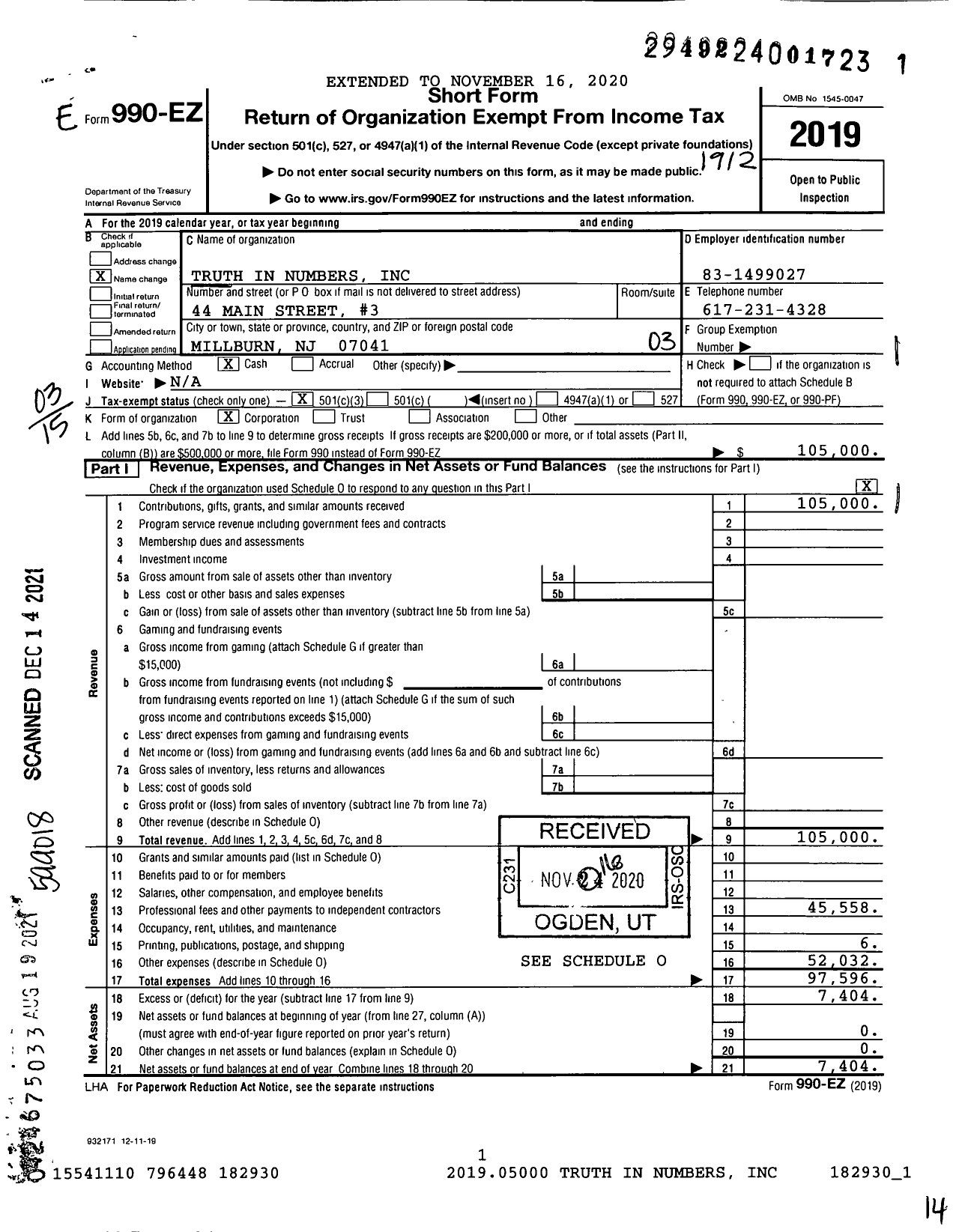 Image of first page of 2019 Form 990EZ for New Jersey Policy Institute