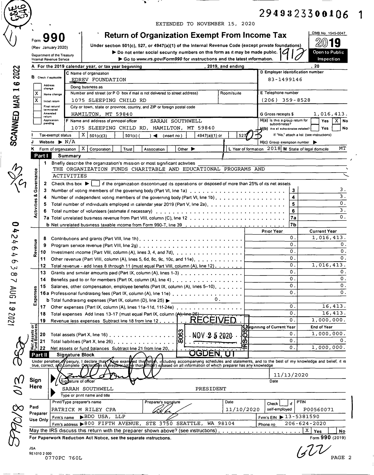 Image of first page of 2019 Form 990 for EdRev Foundation