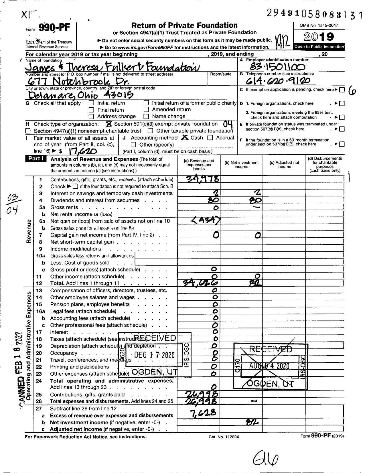 Image of first page of 2019 Form 990PF for James and Theresa Fulkert Foundation