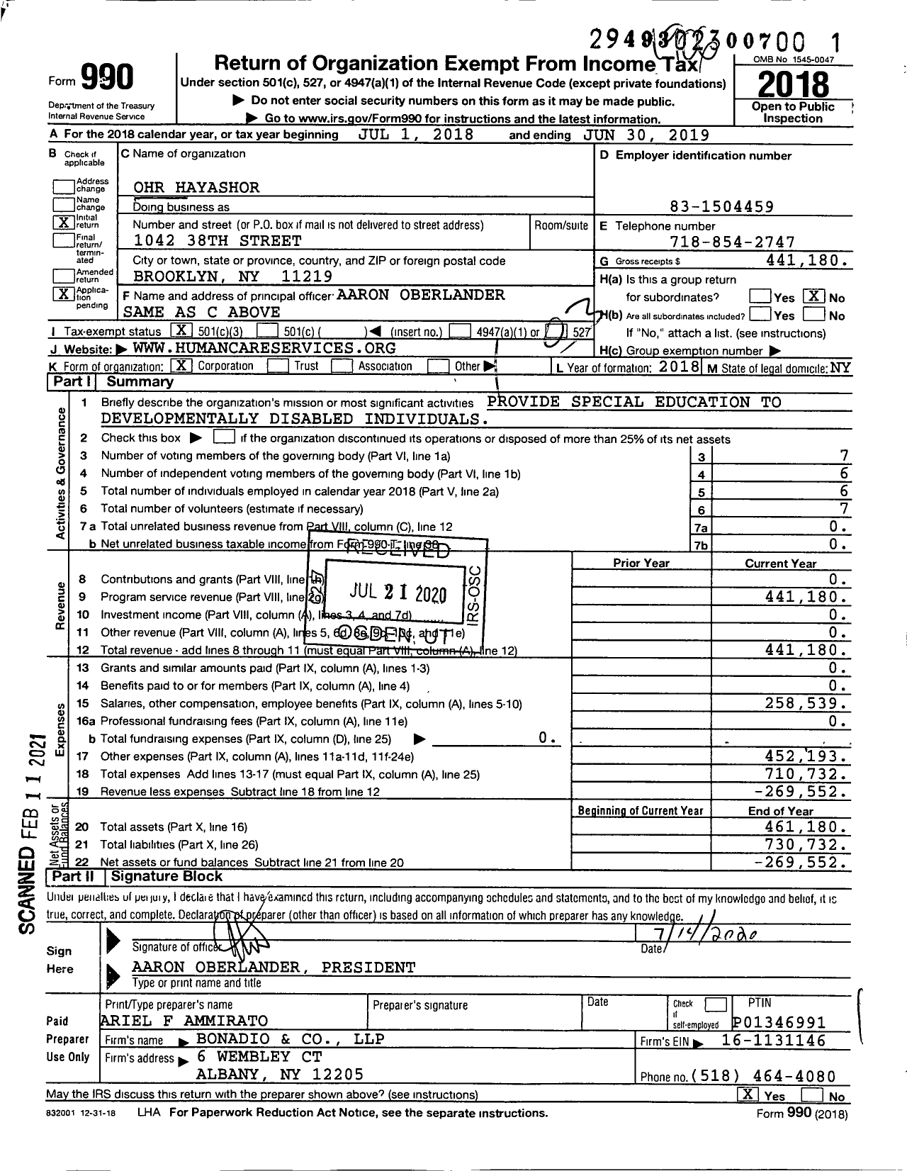 Image of first page of 2018 Form 990 for Ohr Hayashor