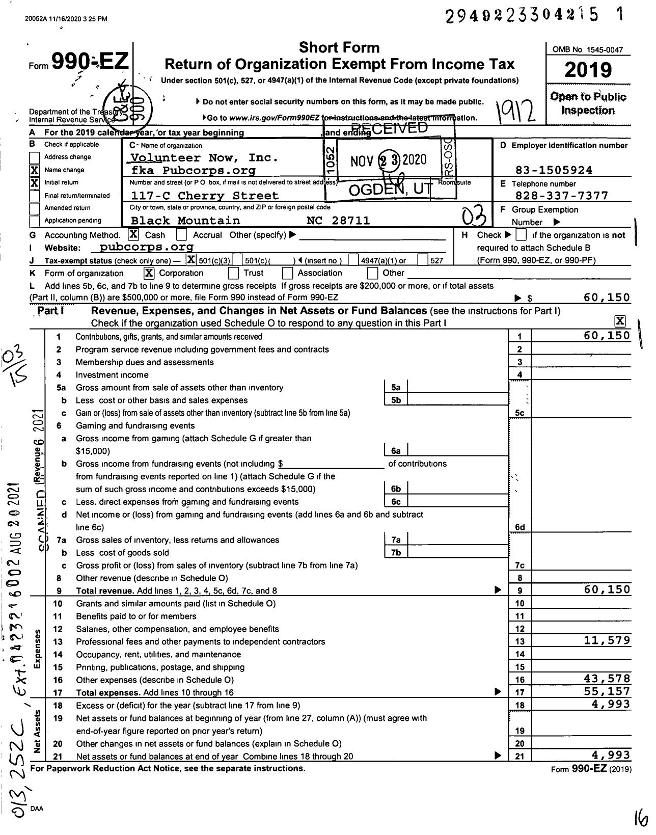 Image of first page of 2019 Form 990EZ for Volunteer Now