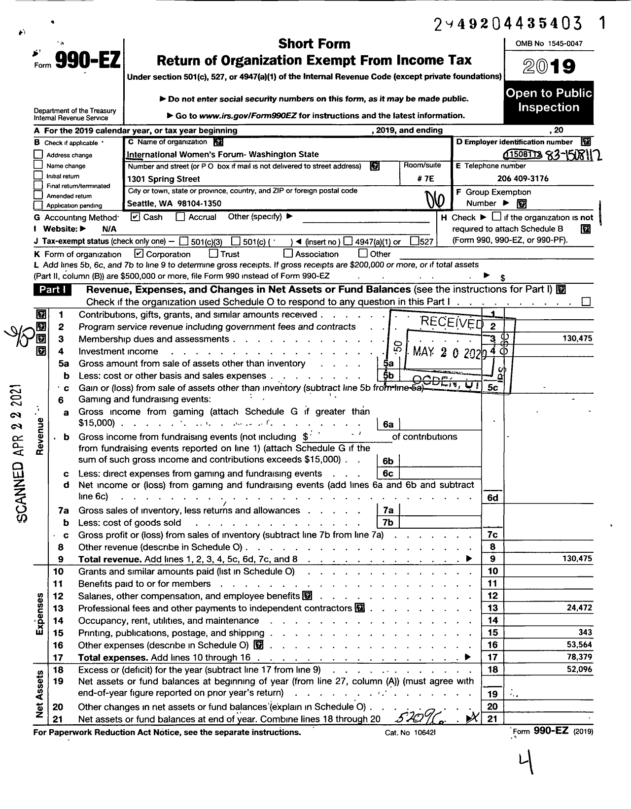 Image of first page of 2019 Form 990EO for International Womens Forum - Washington State