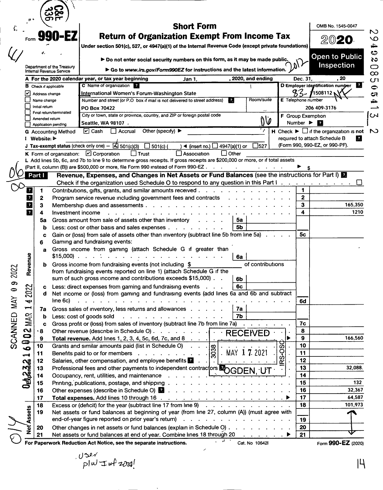 Image of first page of 2020 Form 990EO for International Womens Forum - Washington State