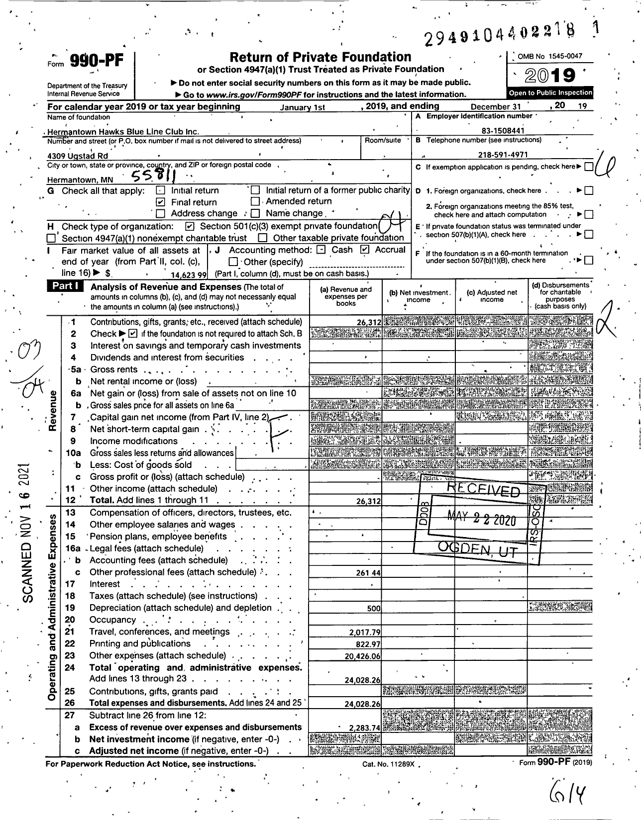 Image of first page of 2019 Form 990PF for Hermantown Hawks Blue Line Club