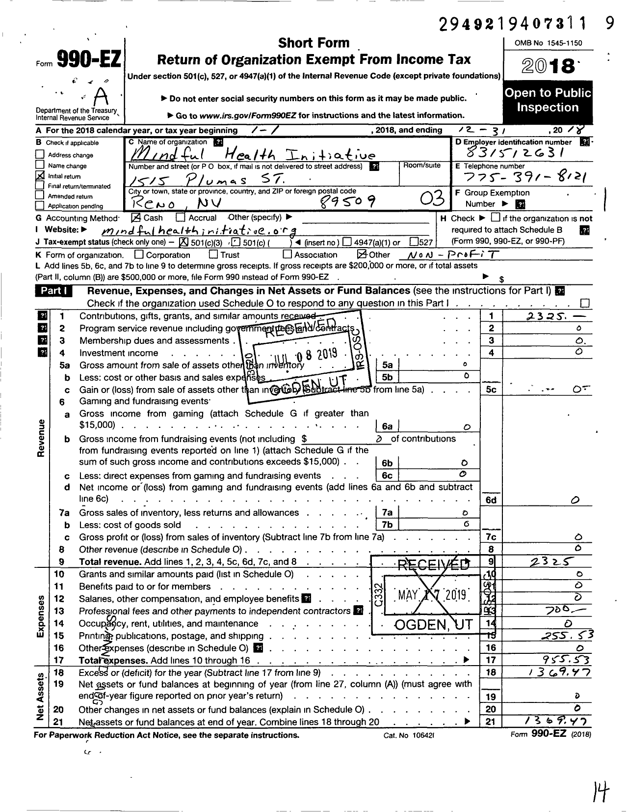 Image of first page of 2018 Form 990EZ for Mindful Health Initiative