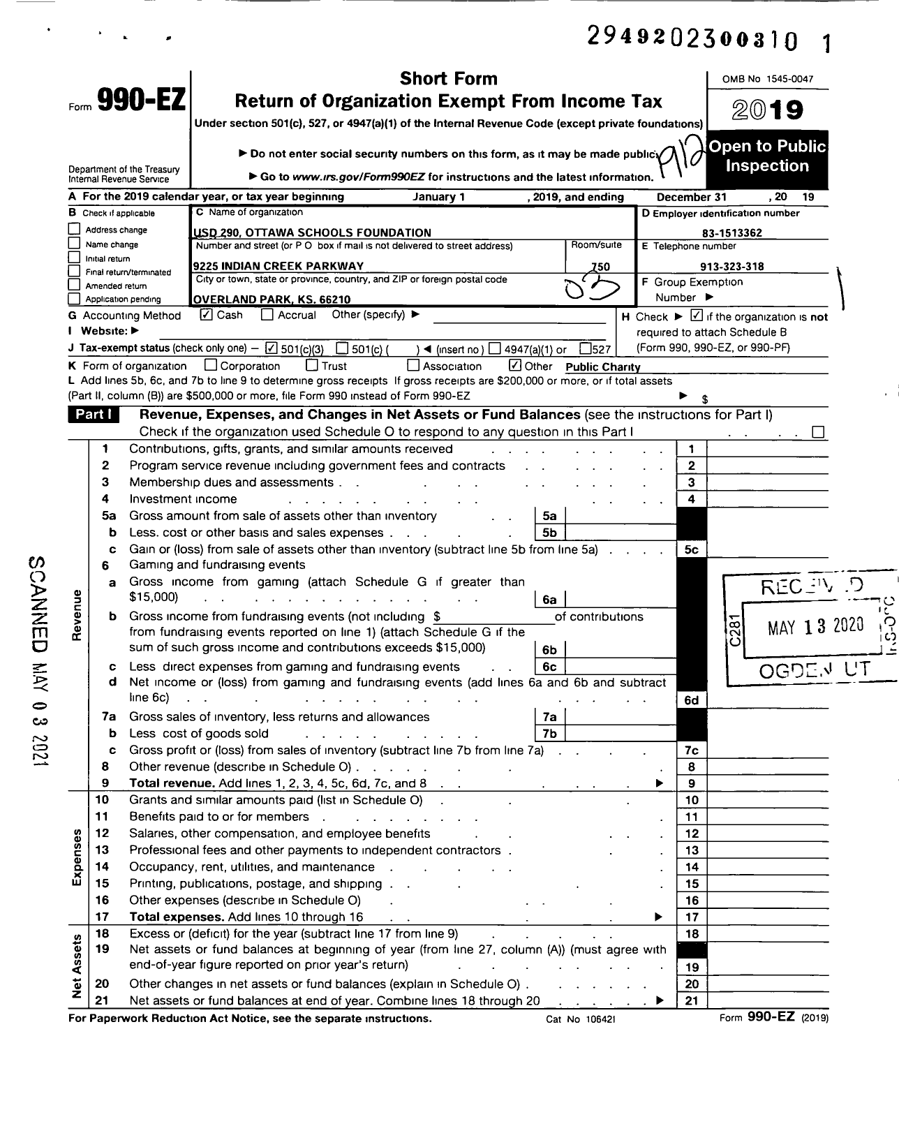 Image of first page of 2019 Form 990EZ for Usd 290 Ottawa Schools Foundation