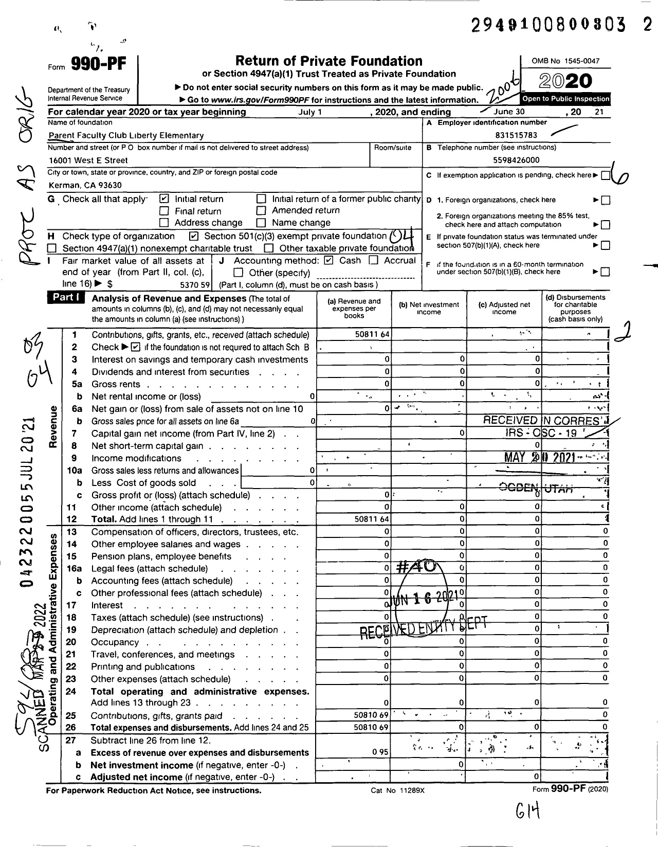 Image of first page of 2019 Form 990PF for Parent Faculty Club Liberty Elementary School