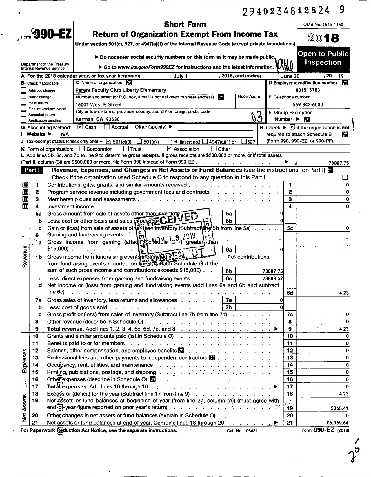 Image of first page of 2018 Form 990EZ for Parent Faculty Club Liberty Elementary School