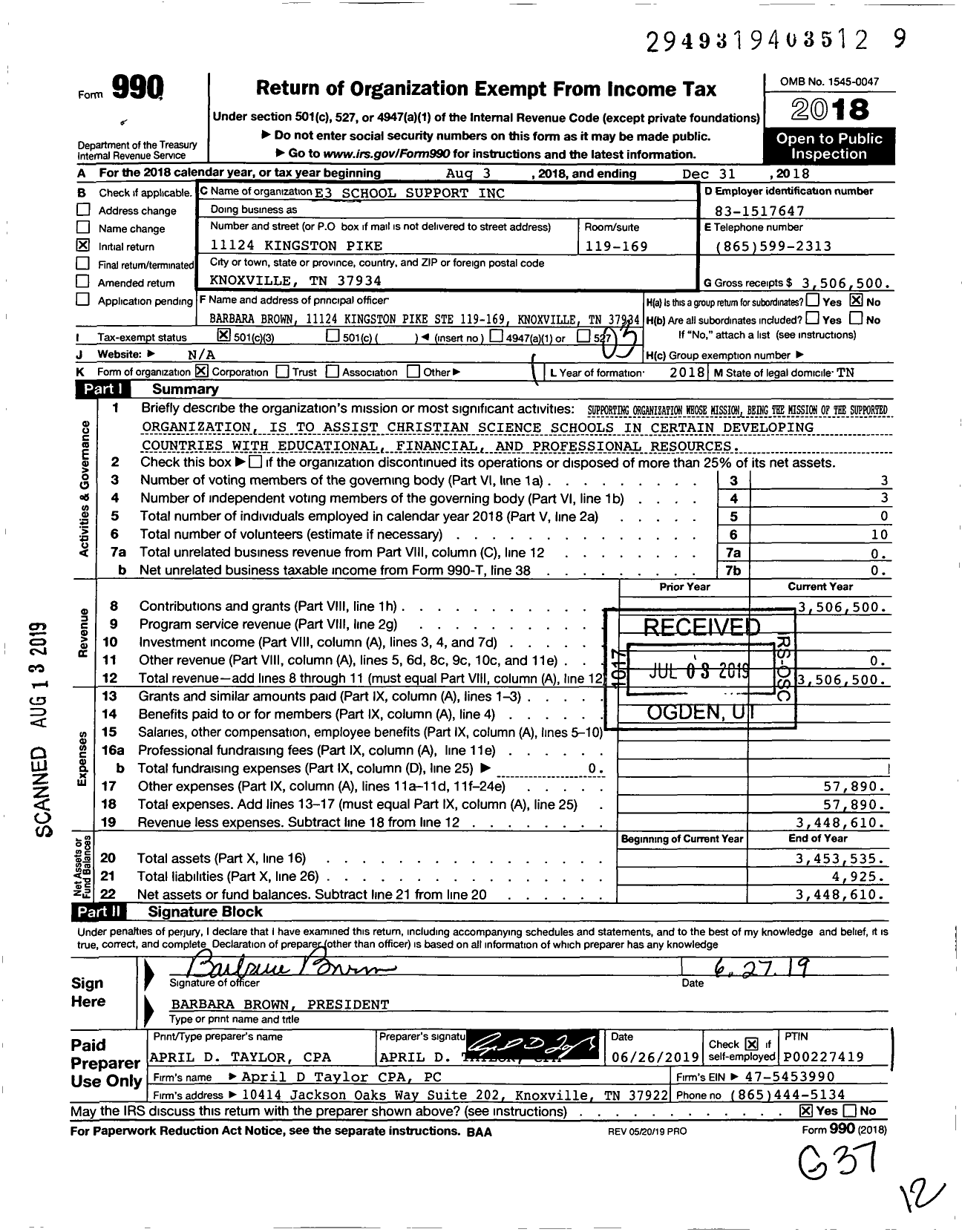 Image of first page of 2018 Form 990 for E3 School Support